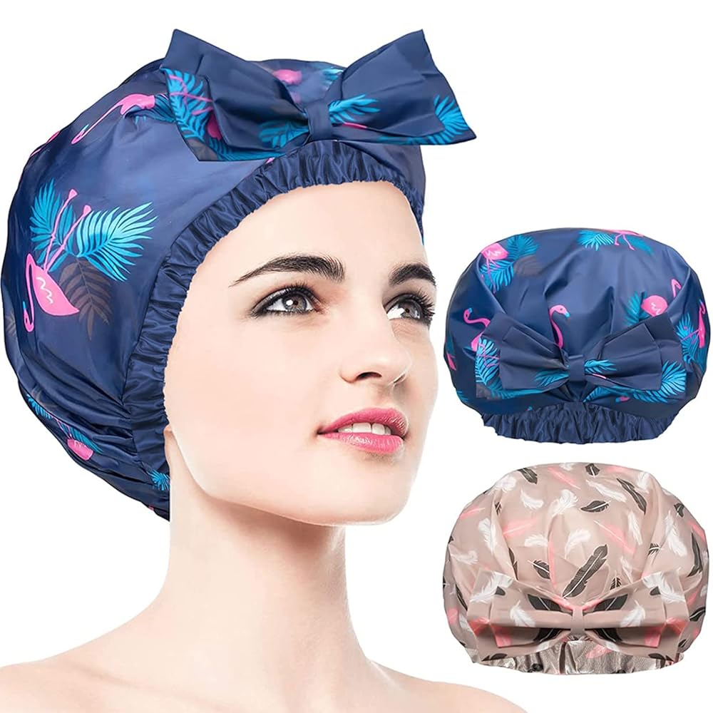 2 PCS Waterproof Shower Caps, Oversized Adjustable Hair Cap with Bow Knot for Women, Reusable Double Layer Waterproof Bathing Cap for Shower, Spa, Makeup, Design for All Hair Lengths/Style