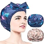2 PCS Waterproof Shower Caps, Oversized Adjustable Hair Cap with Bow Knot for Women, Reusable Double Layer Waterproof Bathing Cap for Shower, Spa, Makeup, Design for All Hair Lengths/Style