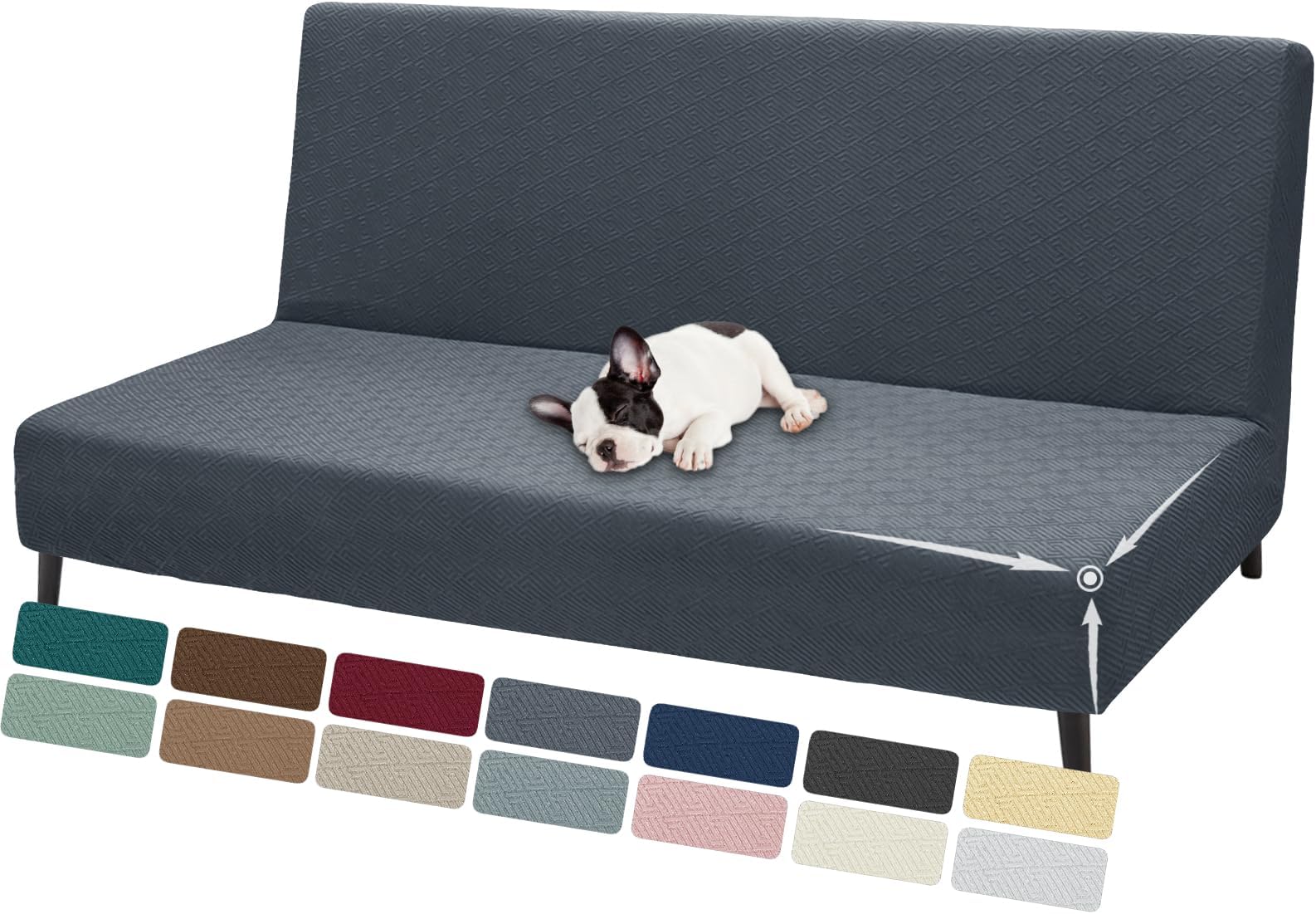 Stretch Fit Futon Cover (67"-82") Armless Futon Sofa Bed Slipcover with Elastic Band, Universal Foldable Sofa Mattress Protector Full Queen Size, Washable Comfort Jacquard (Dark Grey)