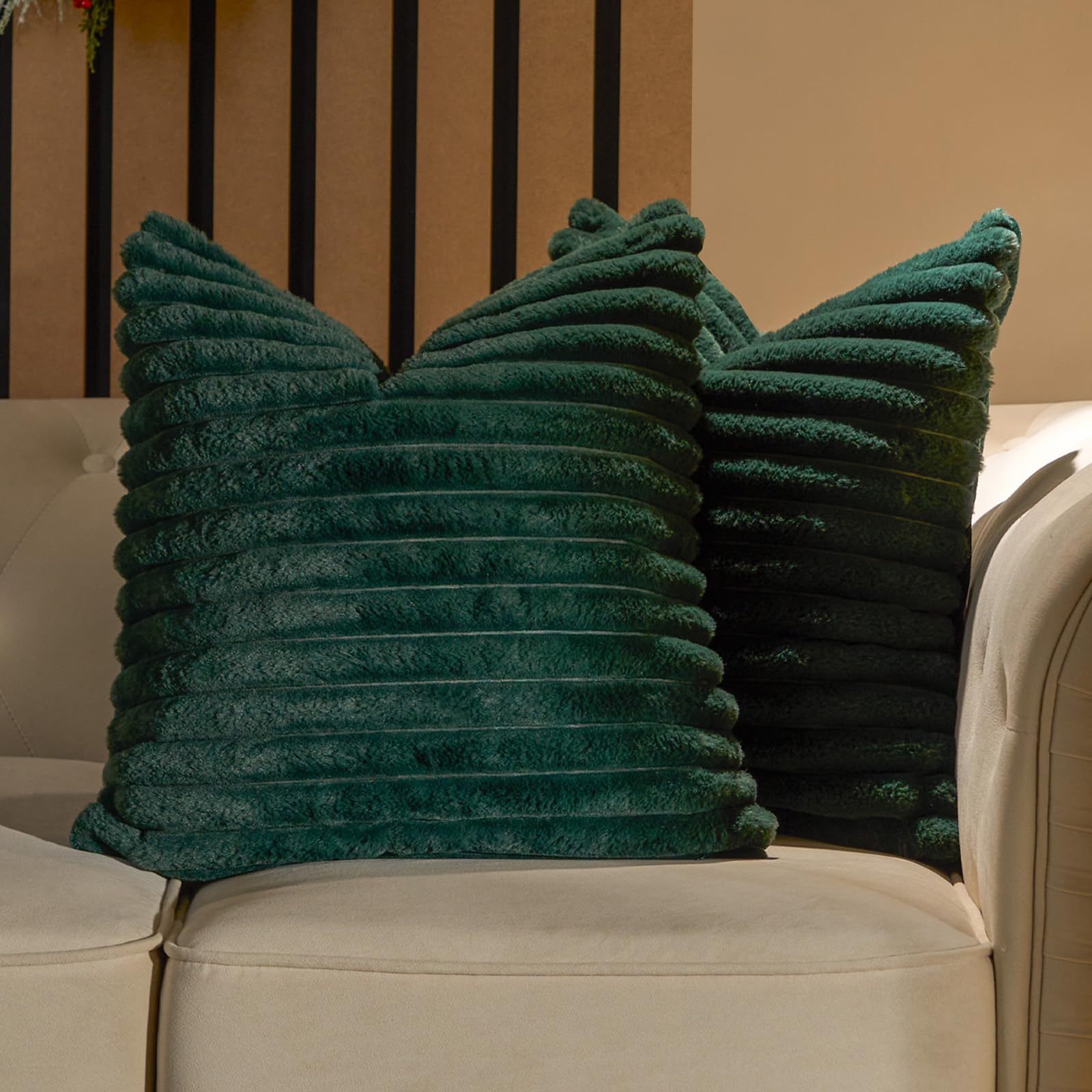 Ohs Green Faux Fur Ribbed Cushions Covers, Super Soft Lounger Cushion Covers For Sofa Bedroom Living Room Comfy Decorative Throw Pillows For Cushion Inners, Pack Of 2