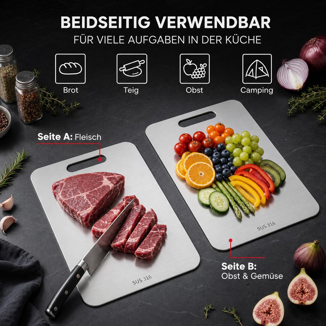 3 Stück Titan Schneidebrett, 304 Edelstahl Schneidebrett, Titanium Cutting Board, 2026 Erstklassige Titan-Schneidebretter, für Die Küche Im Freien Camping Wandern (29x20cm, 34x23cm und 39x28cm)