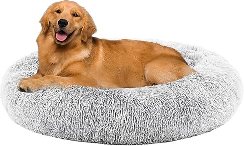Sweetcrispy Cama en forma de dona para perro, cama redonda grande y calmante para gatos con cojín impermeable lavable, antiansiedad y