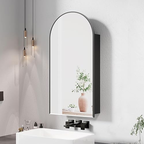 Botiquín arqueado negro con espejo, 16 x 31 pulgadas, baño, estilo moderno, 3 estantes de vidrio, montaje en pared