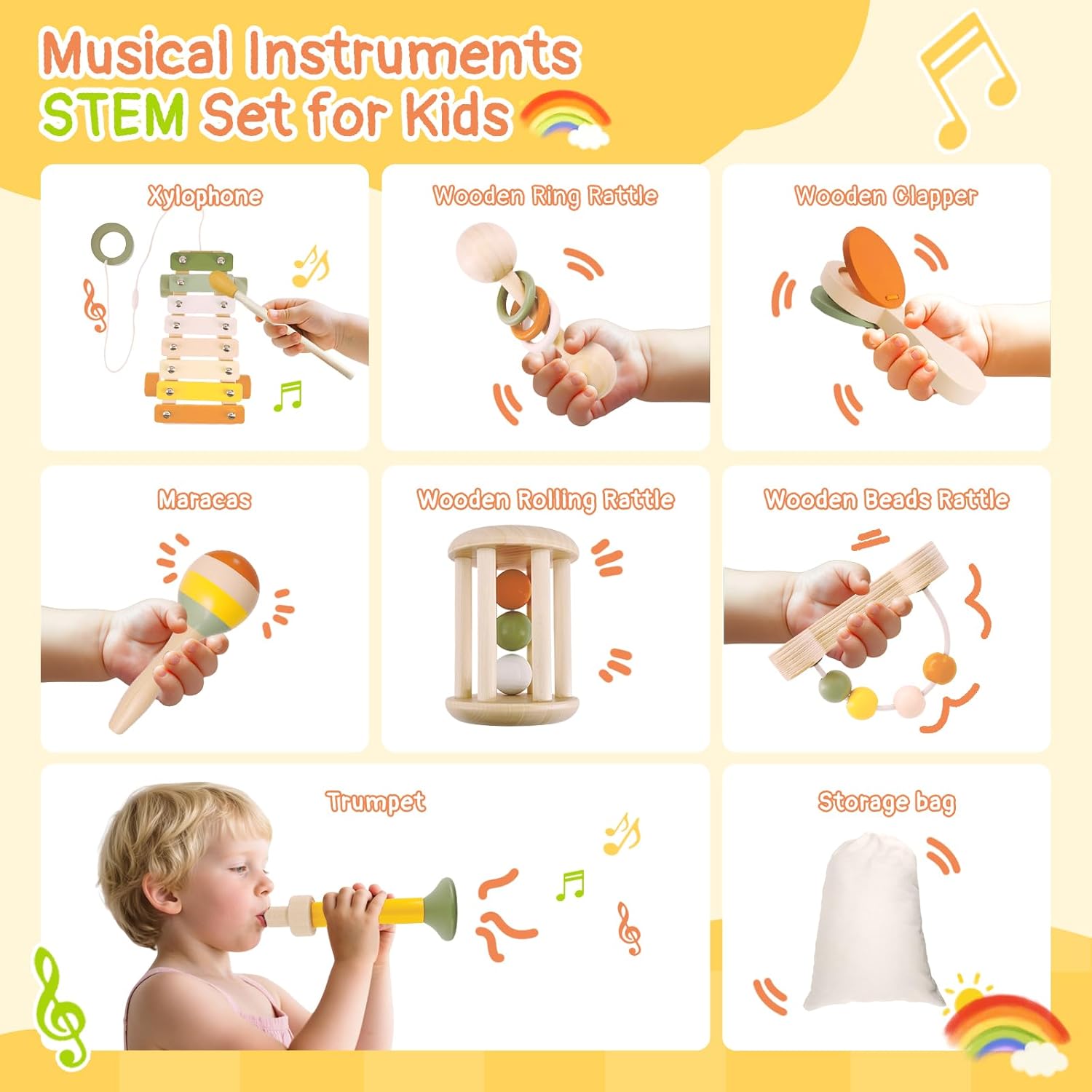 Wooden Musical Instruments Set for Toddlers 18+ Months - 7PCS Montessori Educational Learning Toys with Xylophone, Maracas, Trumpet & Storage Bag for Kids Baby
