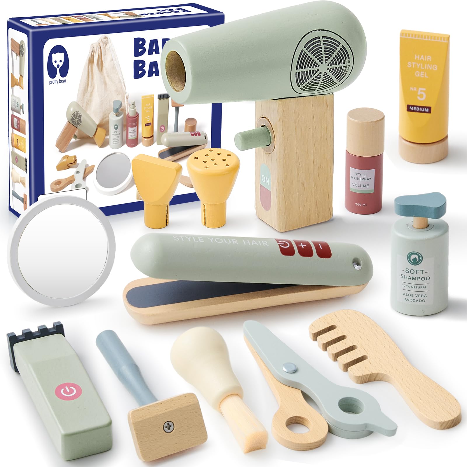 Atoylink Set Coiffure Enfant en Bois avec Accessoires de Coiffure et de Rasage pour Garons 3-8 Ans