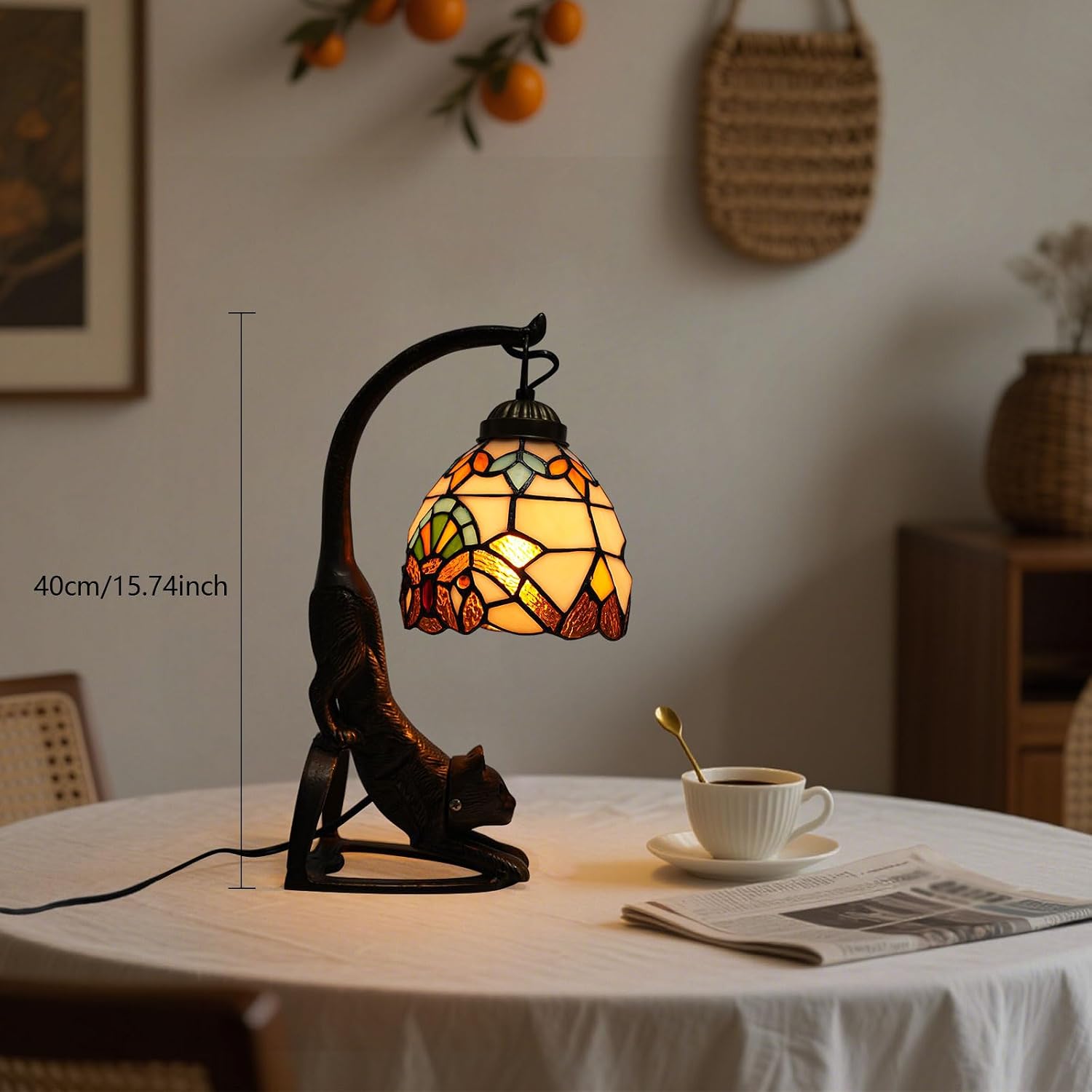 Tiffany Style Table Lamp with Cat Figurine Base, E26 Socket (Bulb Not Included), Decorative Bedside Lamp for Bedroom, Living Room, Office Desk, Home Decor, 15.74 Inches Tall, Bronze (A)