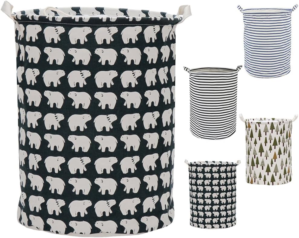 Greenmigo Foldable Laundry Clothes Hamper,Large Cylindric Closet Storage Bin Canvas Bag Storage Basket Bucket(BlueBears)