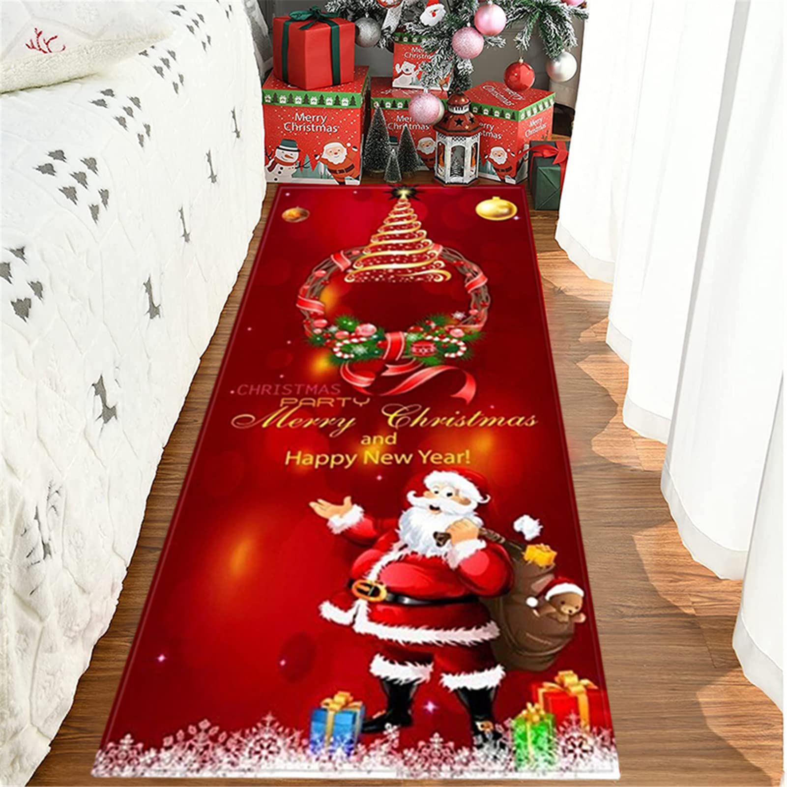 Alfombra De Navidad 3D Alfombra para Pasillo De Poliéster Alfombra Cocina Antideslizante Lavable Alfombra De Baño Felpudo De Papá Noel, Decoraciones Navideñas Rojas,60x180cm/23.6"x70.8"