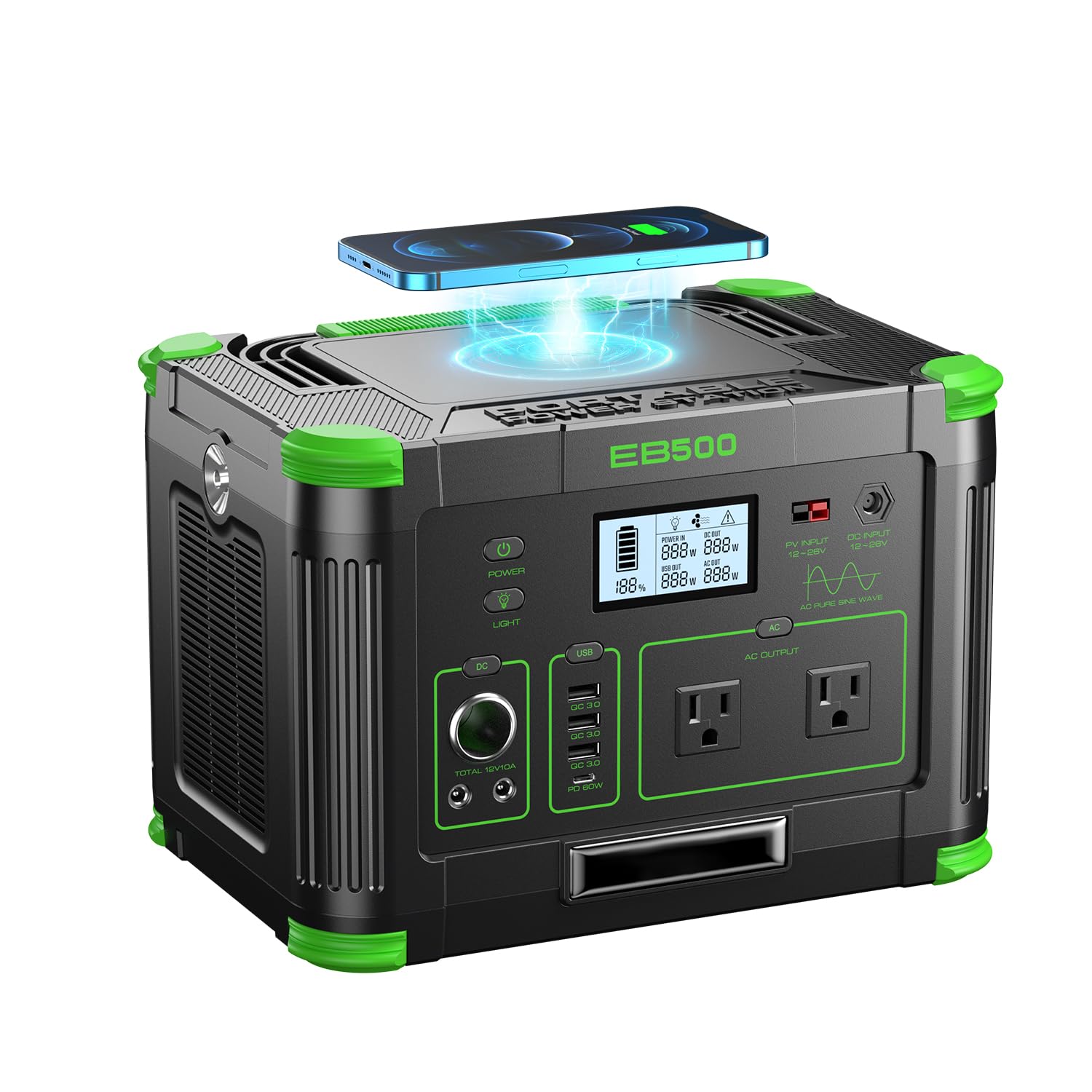 Portable Power Station 500W, 519Wh/140400mAh Solar Generator Backup Lithium Battery Pack Power Supply with 2 AC Outlets, PD 60W USB-C Power bank for Outdoor RV Camping Home Outage Emergency