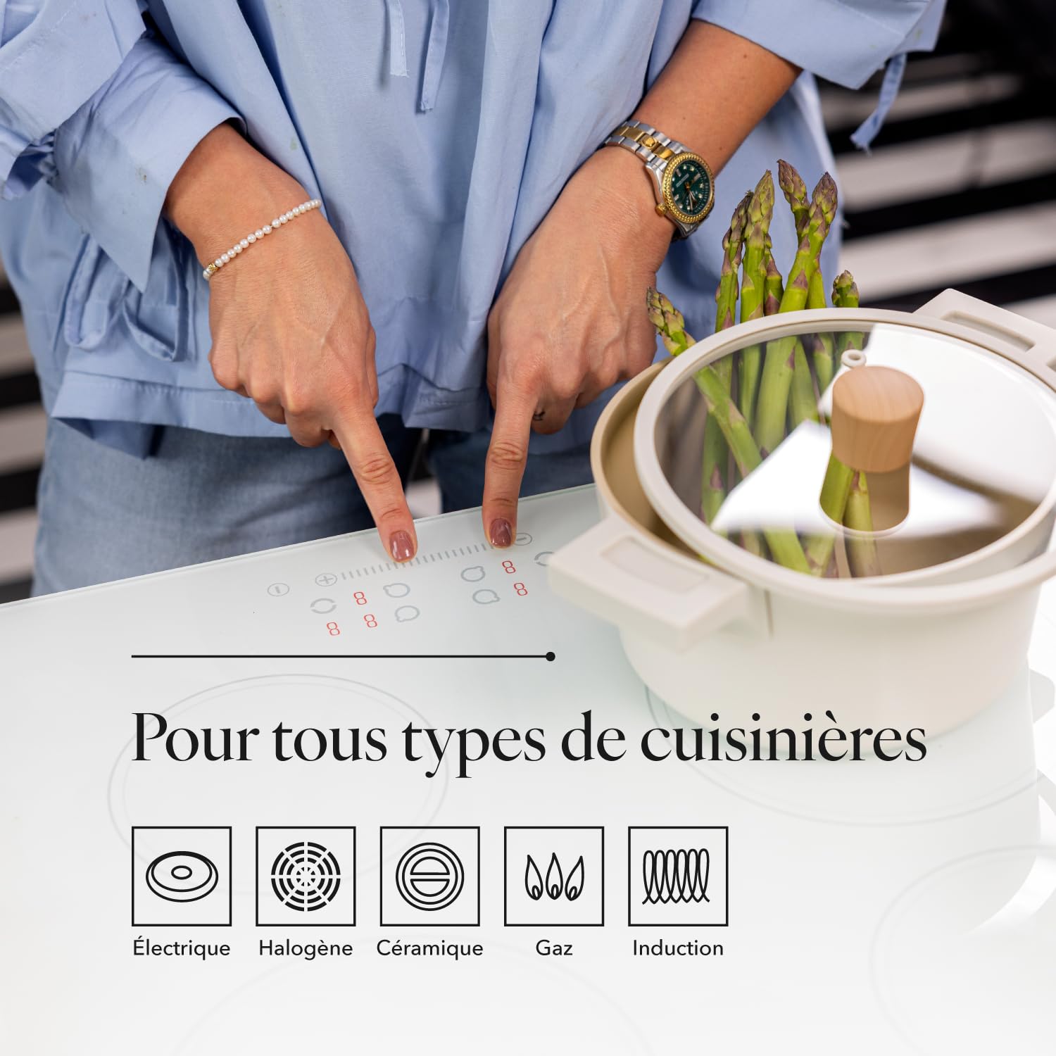 FLORINA Nube Casserole en aluminium | 24 cm | 5,8 l | Compatible induction | Revêtement céramique anti-rayures | Poignée Soft-Touch aspect bois | Couvercle en verre résistant à la chaleur