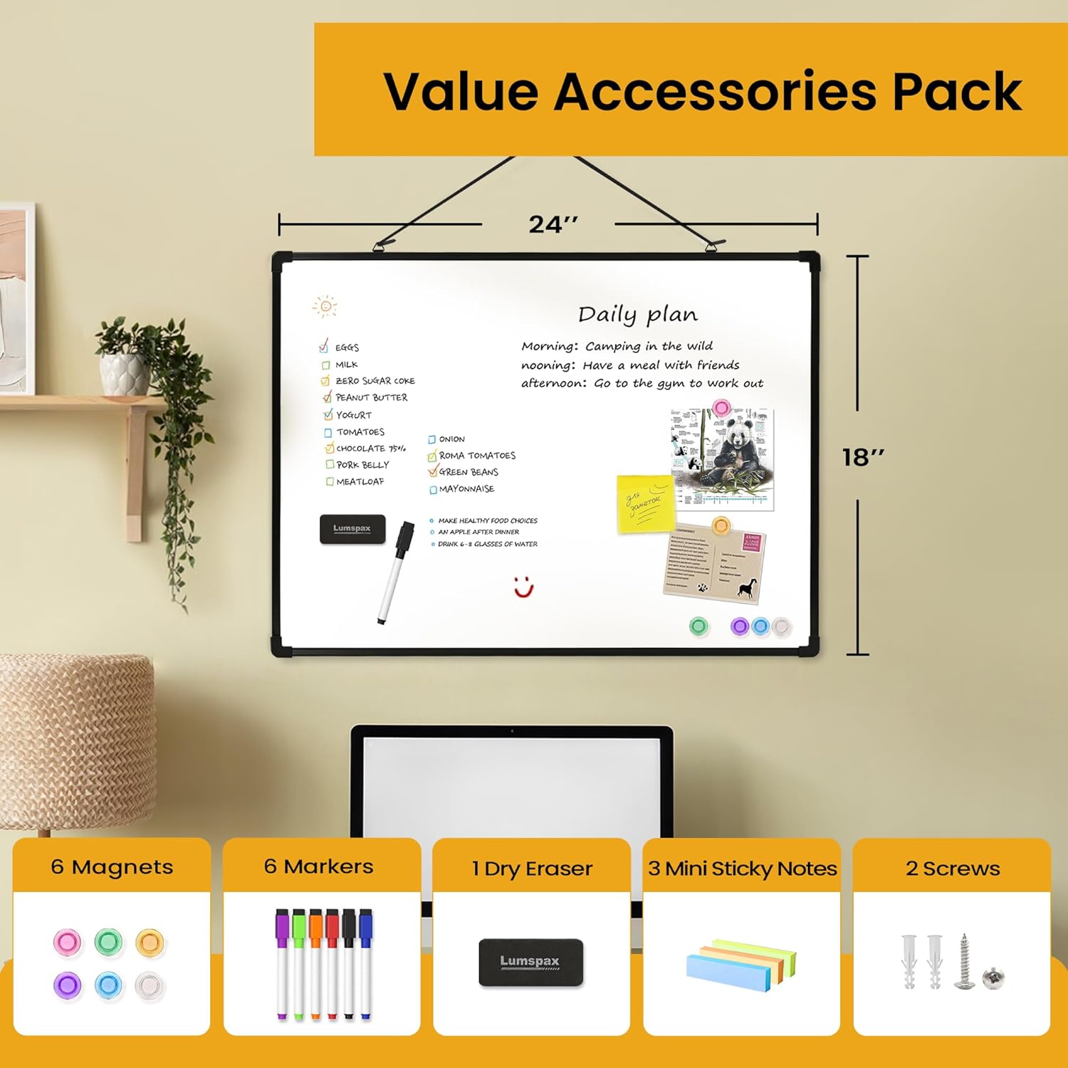 Dry Erase Board for Wall, 24" x 18" Double-Sided Hanging White Board with 6 Markers, 6 Magnets and 3 Mini Sticky Notes, Portable Whiteboard for Home, Office, School, Black Frame