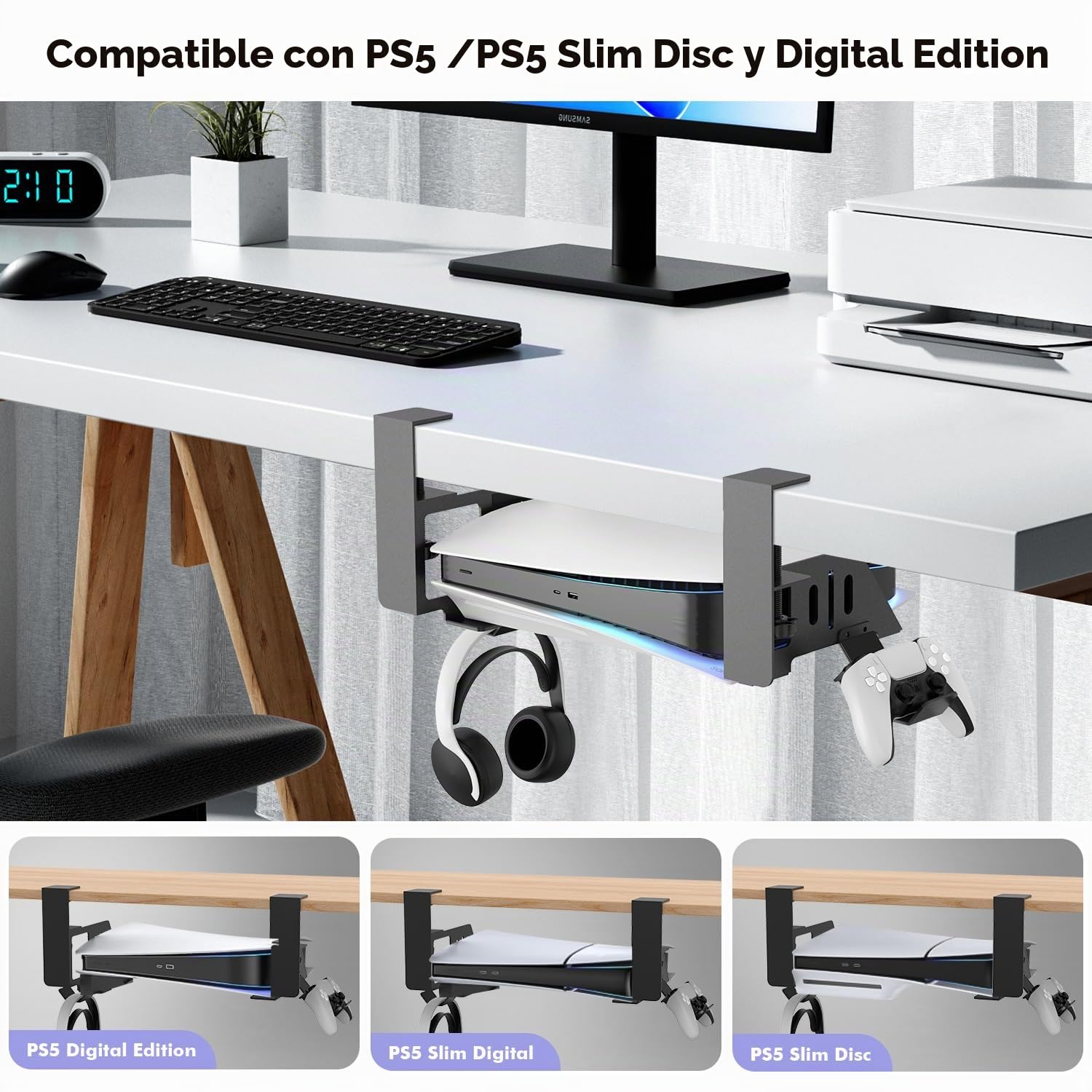 Soporte horizontal ajustable para PS5 con 2 soportes de controlador extraíbles, soporte base PS5 de acero compatible con Playstation 5 Disc y ediciones digitales