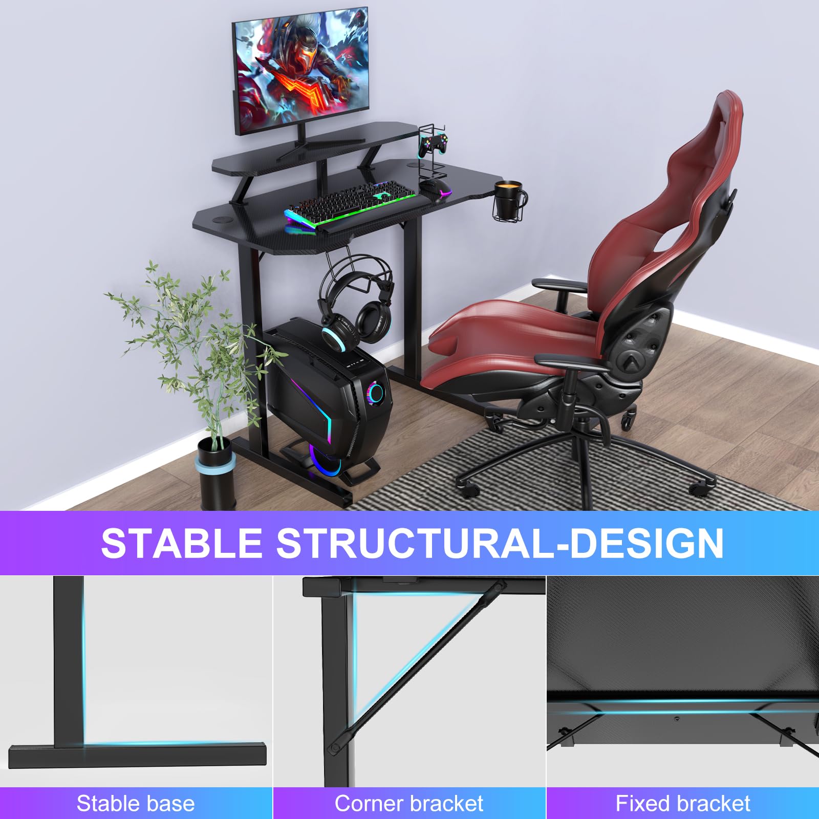Escritorio Gaming Mesa Escritorio para Computadora Mesa para PC con portavasos y Gancho para Auriculares Escritorio con Soporte para Monitor 100x55x75 cm Negro