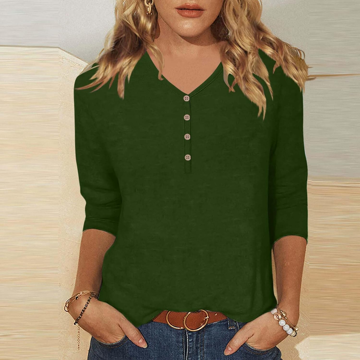 Womens 3/4 Sleeve T-Shirts V Neck Buttons Tops Basic Tees Solid Color Blouse Loose Fit Pullover Summer Shirts