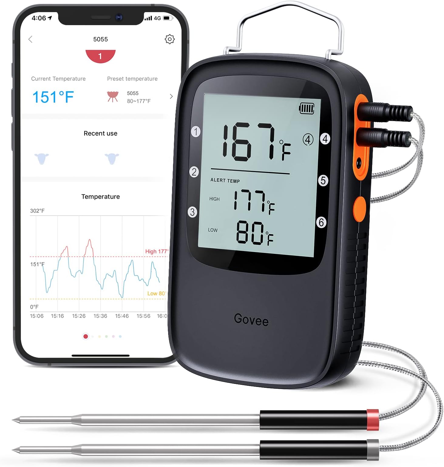 Grill Thermometer, Bluetooth Digital Meat Thermometer with Dual Probe, 230ft Wireless Remote Monitor BBQ Thermometer for Smoker Kitchen Cooking Thermometer Timer for Grilling BBQ Oven Candy