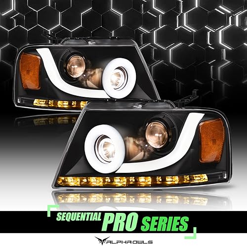 Miniatura 38 de Alpha Owls 8711378 Projector Headlights With Switchback Sequential LED Bar & Startup Light - Black Amber Fits 2004-2008 Ford F150 / 2006-2008