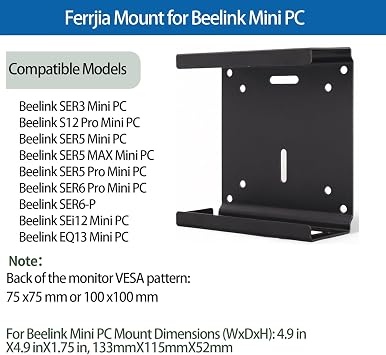 Metal Mini PC Mount Compatible with Beelink Vesa/Wall/Under Desk Mount for S12 Pro, SER6 Pro/SER3/SER5, SER5 MAX/Pro, SEi12 & EQ13