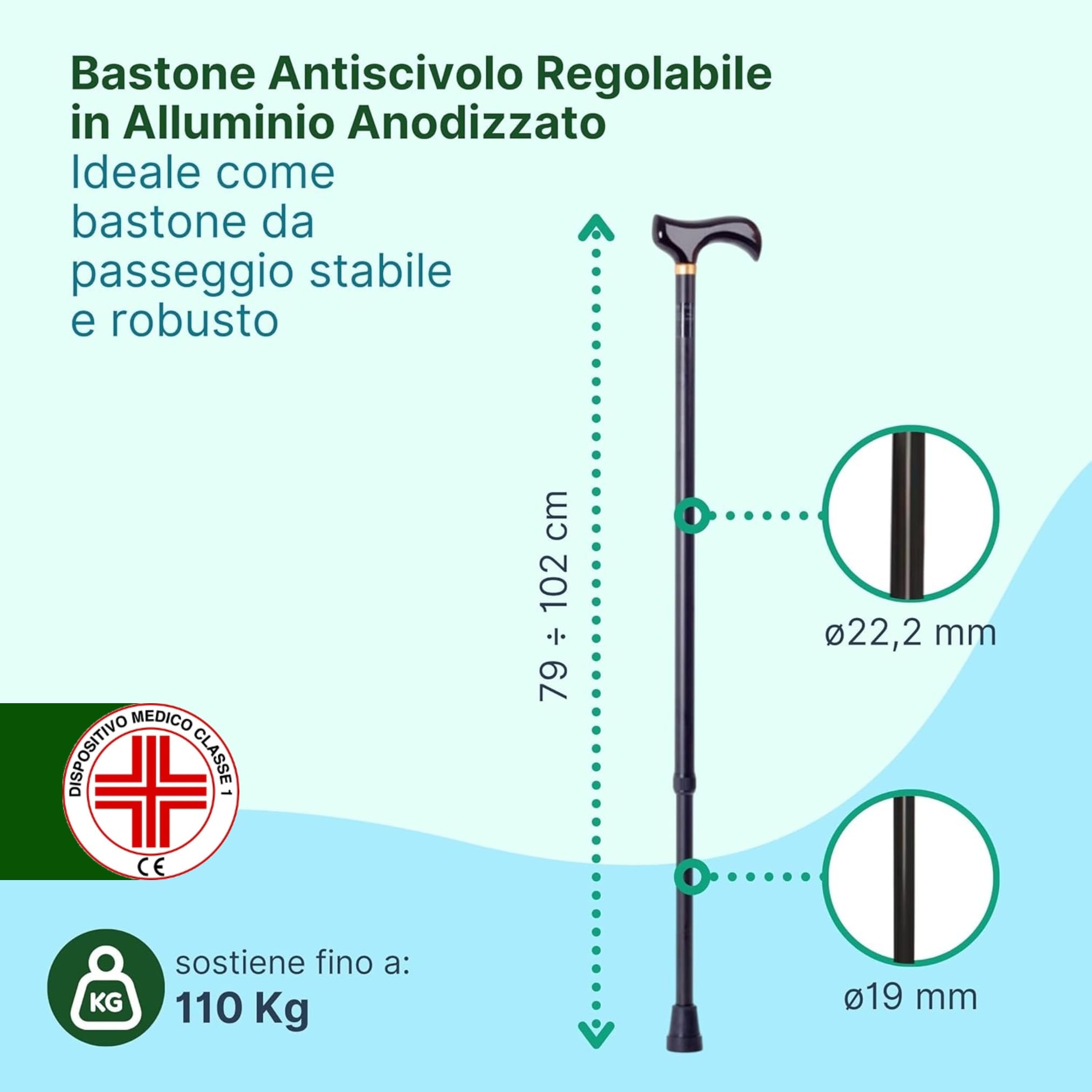 Bastone per Anziani in Alluminio Anodizzato con Impugnatura Anatomica in Legno, Bastone da Passeggio Regolabile H. 79-102 cm - Nero
