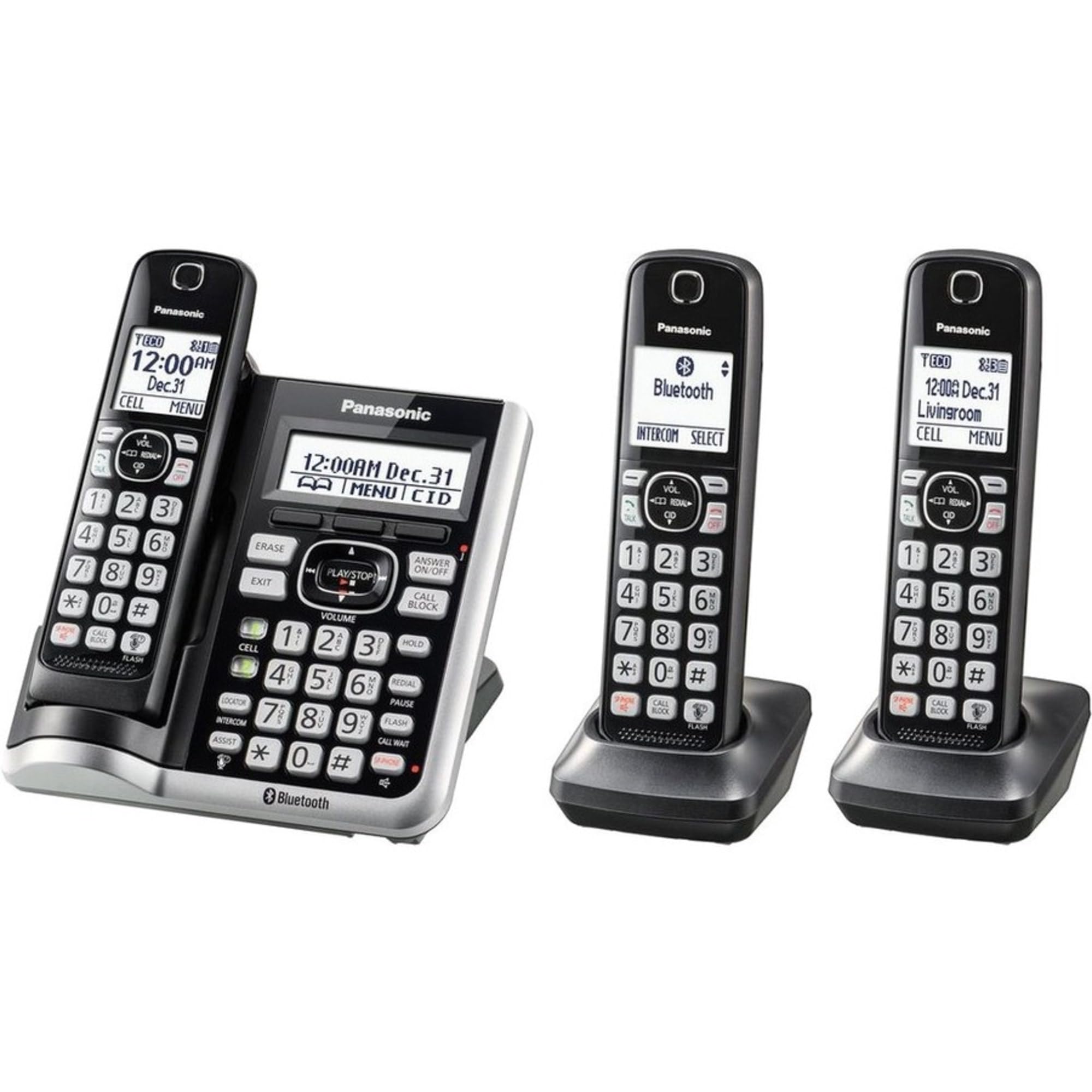 Panasonic Link2Cell Bluetooth Cordless Phone System with Voice Assistant, Call Blocking and Answering Machine. DECT 6.0 Expandable Cordless System - 3 Handsets - KX-TGF573S (Black/Silver Trim)
