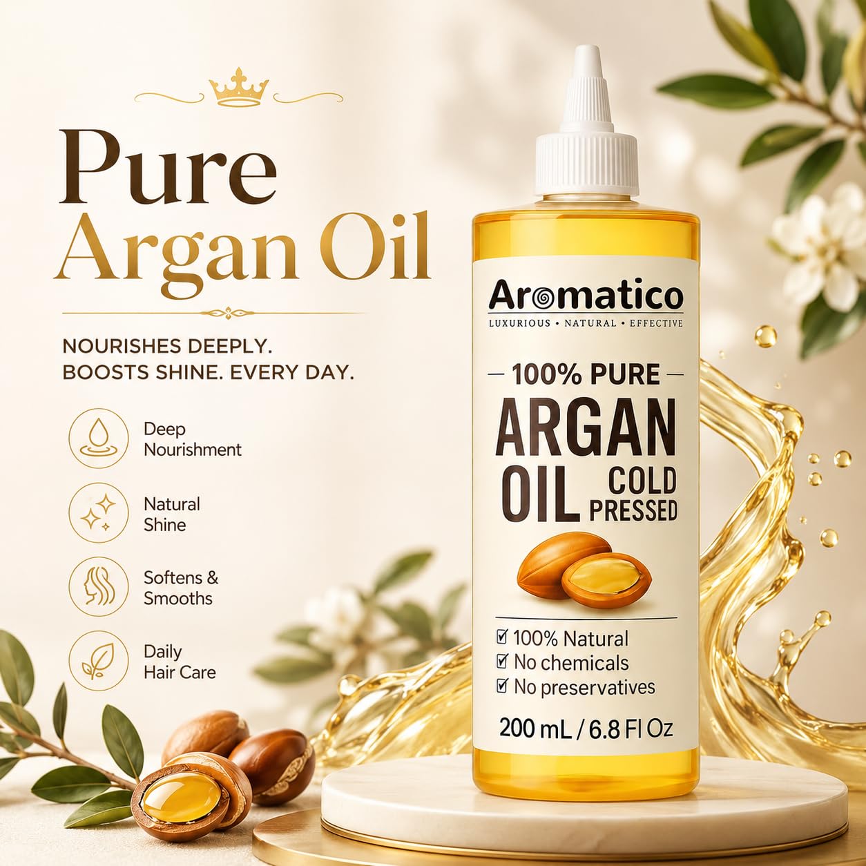 Aromatico Argan Oil, Cold Pressed Hair and Skin Oil for Smooth, Shiny Hair and Deep Moisture, 7 Fl Oz
