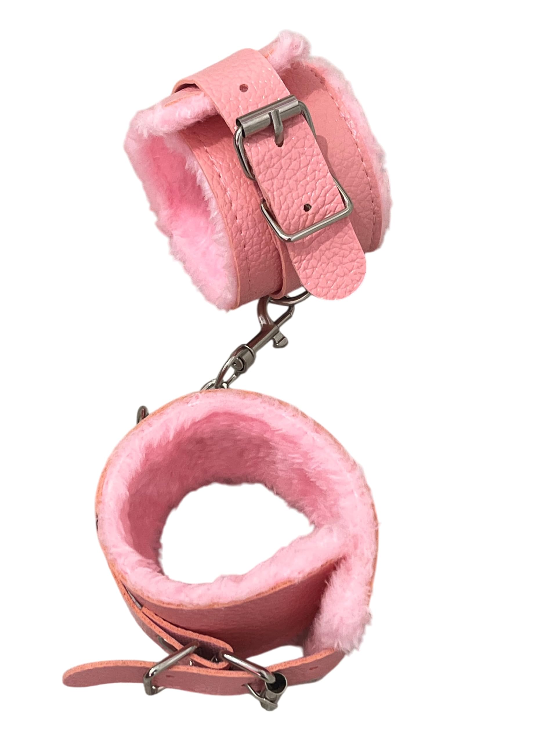 Manette in Pelle con Peluche Rosa e Moschettone - Polsiere in Ecopelle - Manette Pelose Finte Giocattolo