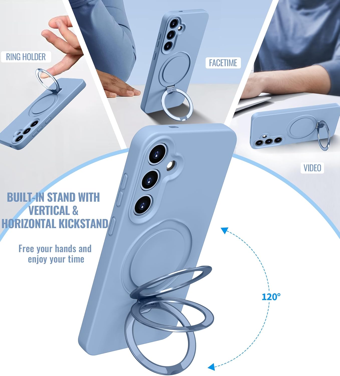 Compatible with Samsung Galaxy S24 Case with Stand, Full Camera Protection Liquid Silicone Case, MagSafe Compatible Magnetic Kickstand, Light Blue