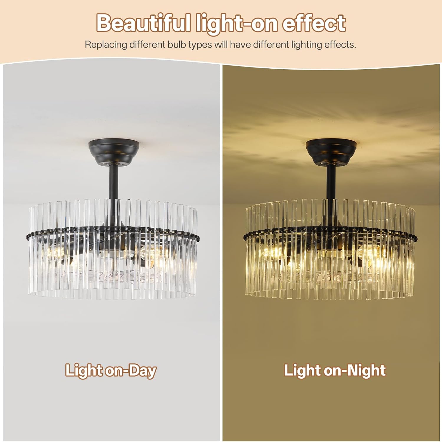 20" Black Crystal Fandelier Ceiling Fans with Lights, Black Crystal Chandelier Ceiling Fan with Light Remote Control, 6 Speeds for Bedroom, Living Room, Nursery