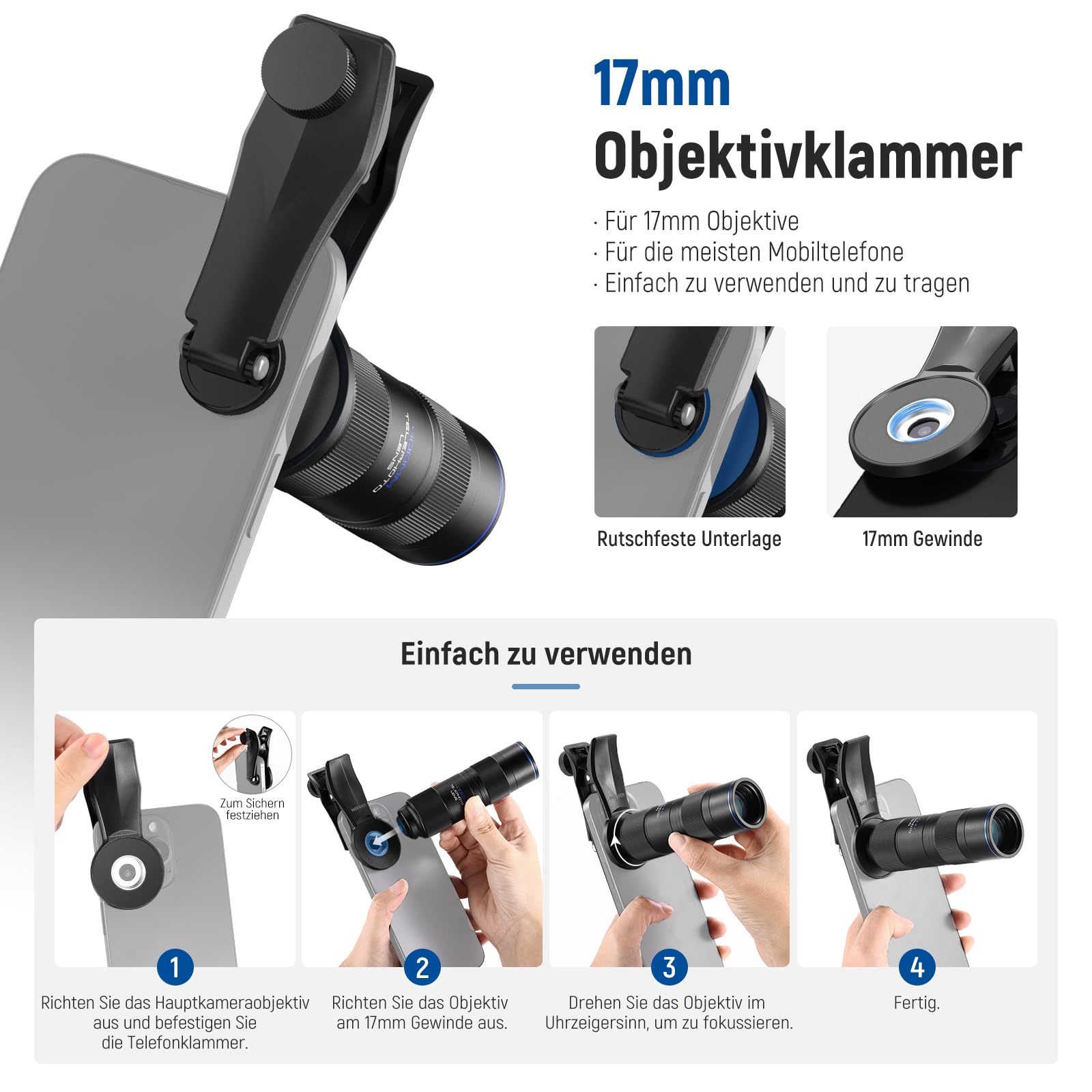 NEEWER 400mm Teleobjektiv für Smartphone Kamera mit 17mm Objektivclip mit Gewinde 70cm minimale Makro Fokusdistanz 2X Zoom für Rückplatte Phone Käfig Hülle kompatibel mit iPhone Samsung Android, LS-78