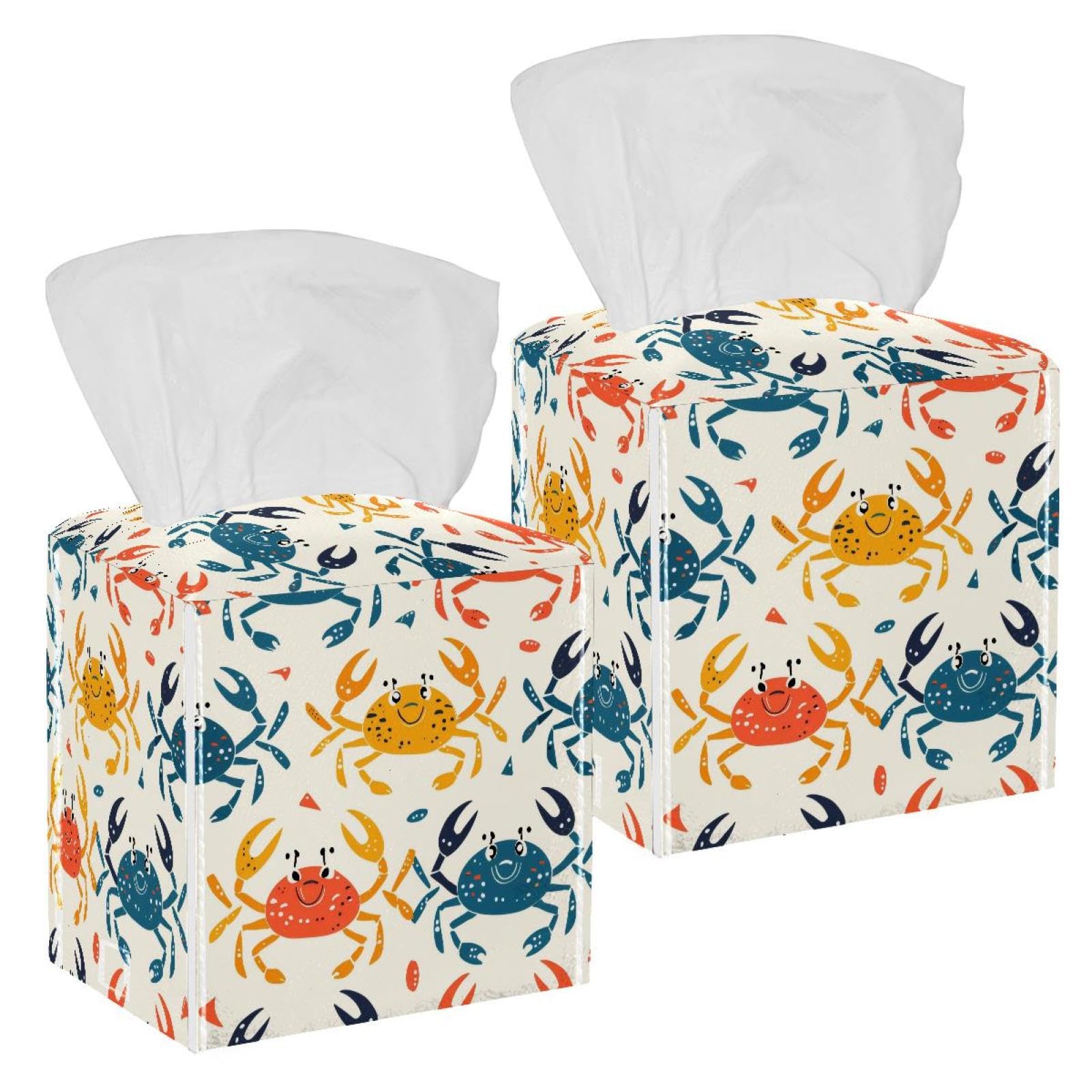Colorful Crabs Tissue Box Cover, 2 Pack PU Leather Square Facial Tissue Dispenser Box holder for Home Office Car