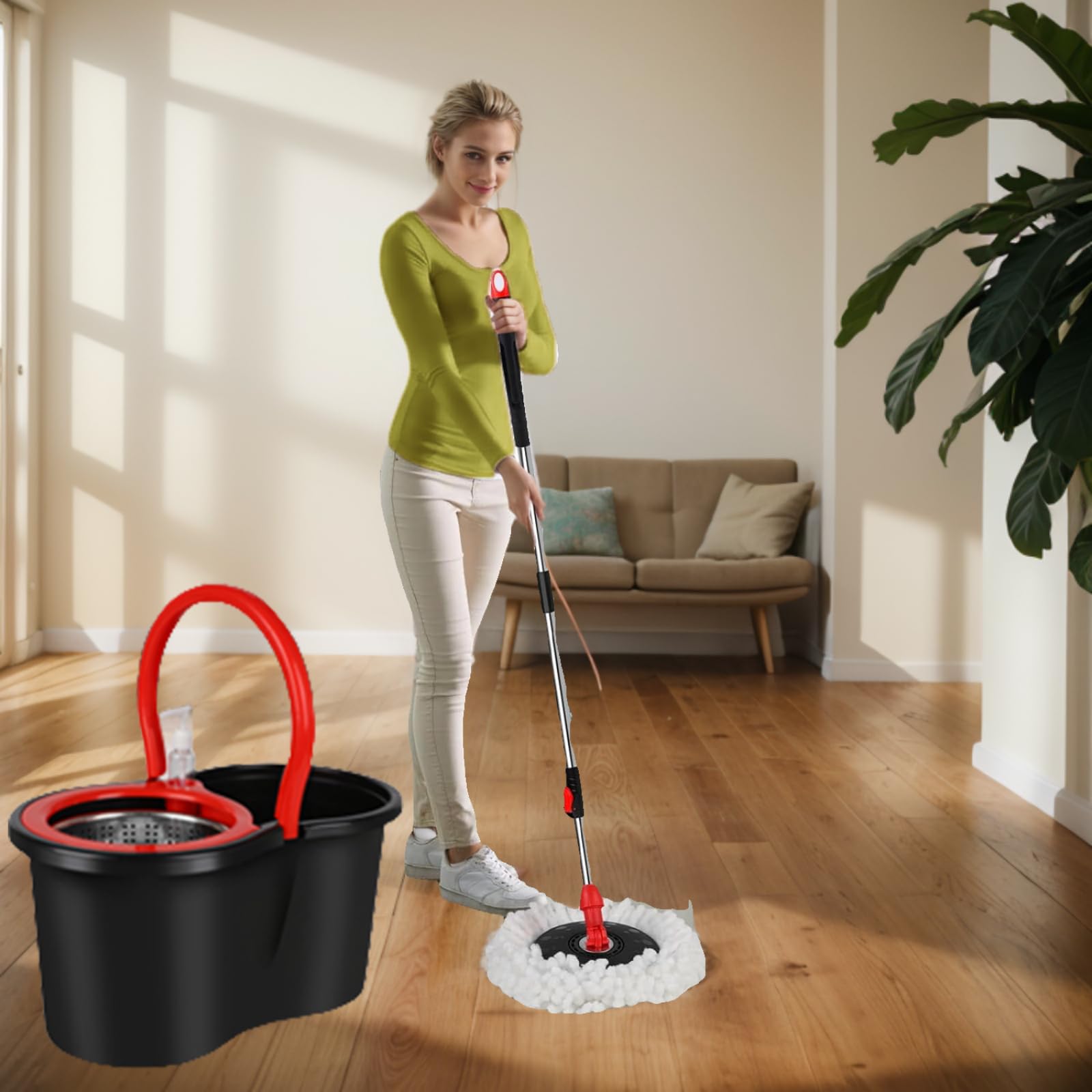 Juego de fregona giratoria y cubo con escurridor, sistema de cubo giratorio de 360° con 3 cabezales de repuesto de fregona de microfibra, mango extendido de acero inoxidable de 61 pulgadas para