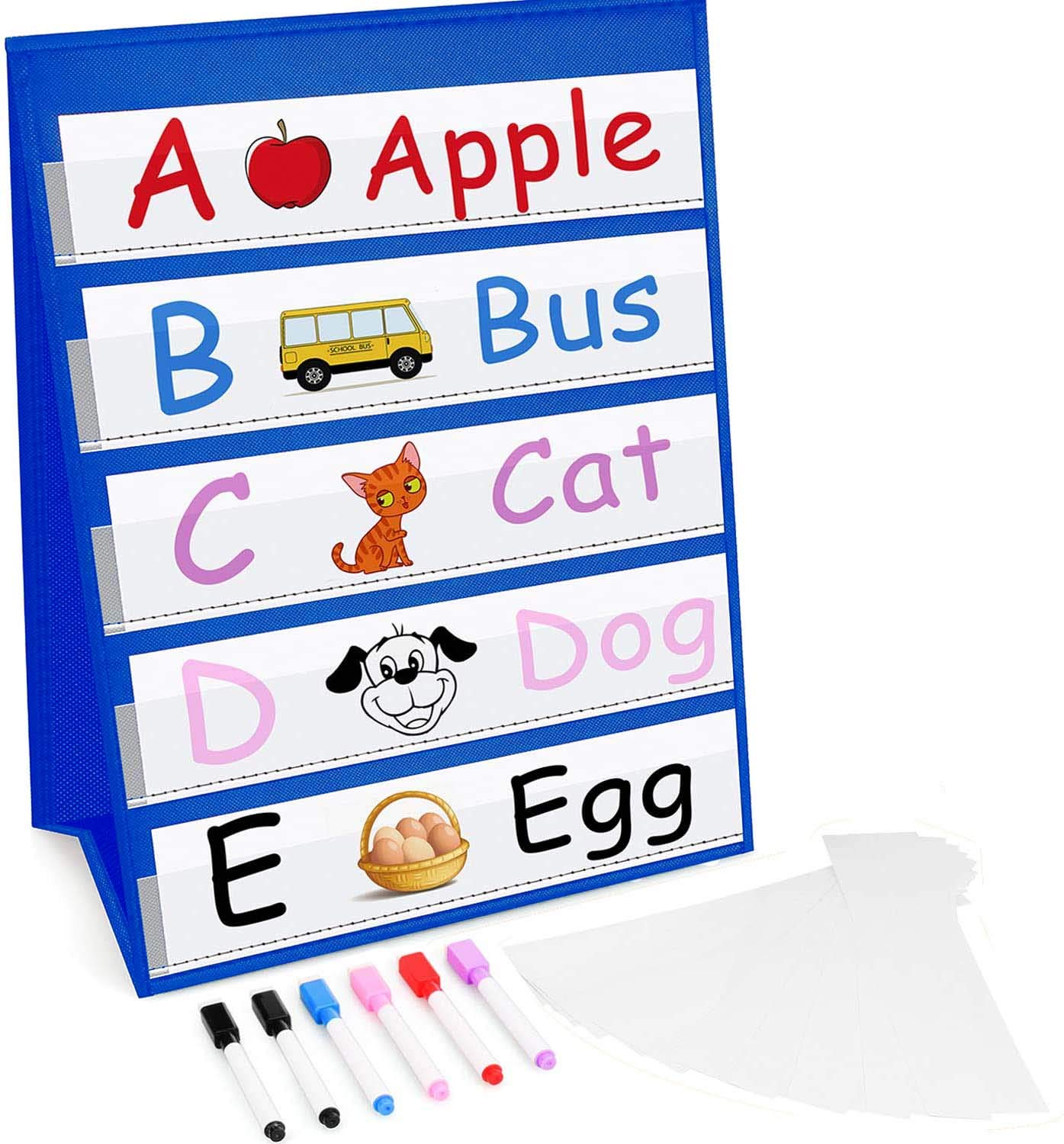 Self-Standing Desktop Pocket Chart, Double Sided Tabletop Pocket Chart with 20 Dry Erase Cards for Small Group Usage in Classroom, Home and Office(Blue)