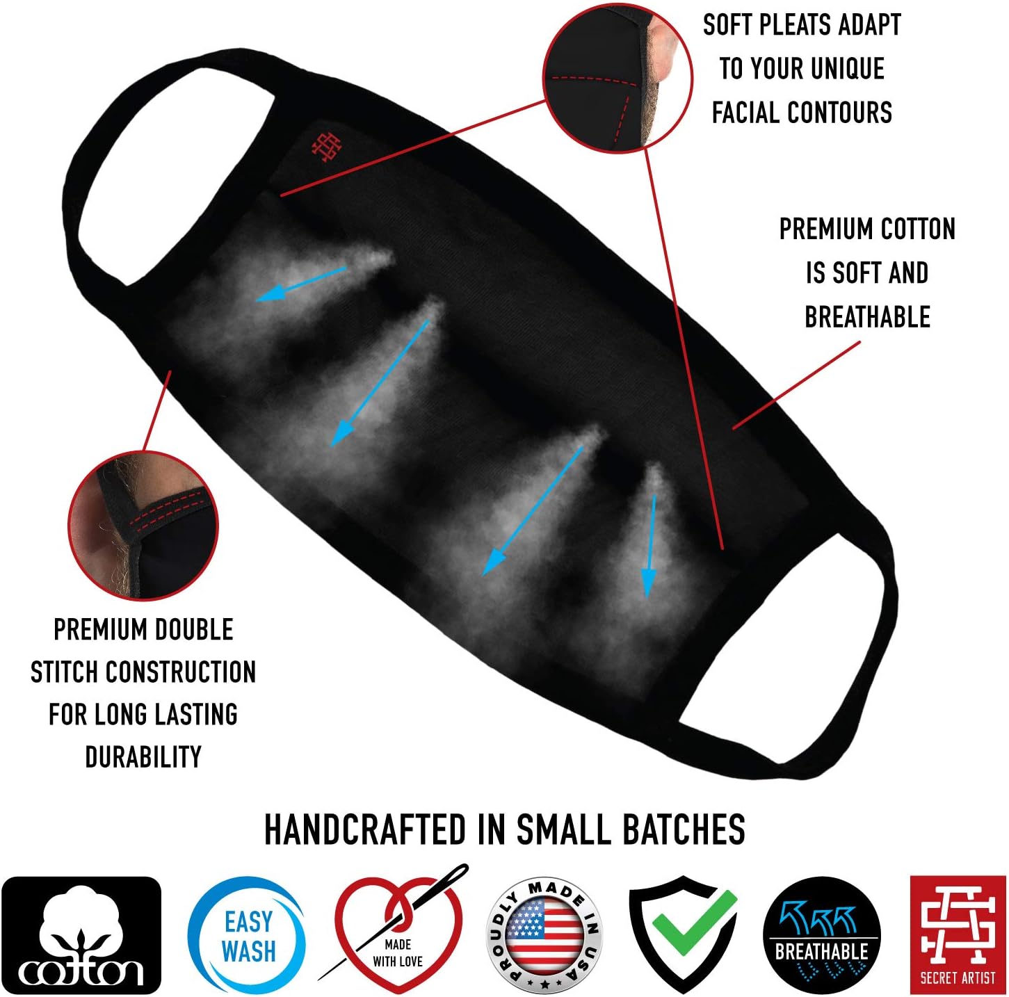 Secret Artist Assorted 5- Pack Cloth Face Mask Reusable. Cloth Face Mask Washable- Fits Medium and Large Faces. Unisex Cloth Face Masks. Reusable Face Mask is Reversible. Masks Made in USA.