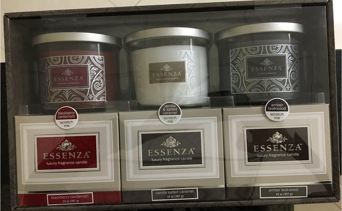 ESSENZA Luxury Fragrance Candles 3-PC Gift Set (BlackBerry Cardamom, Vanilla, Amber Teakwood)