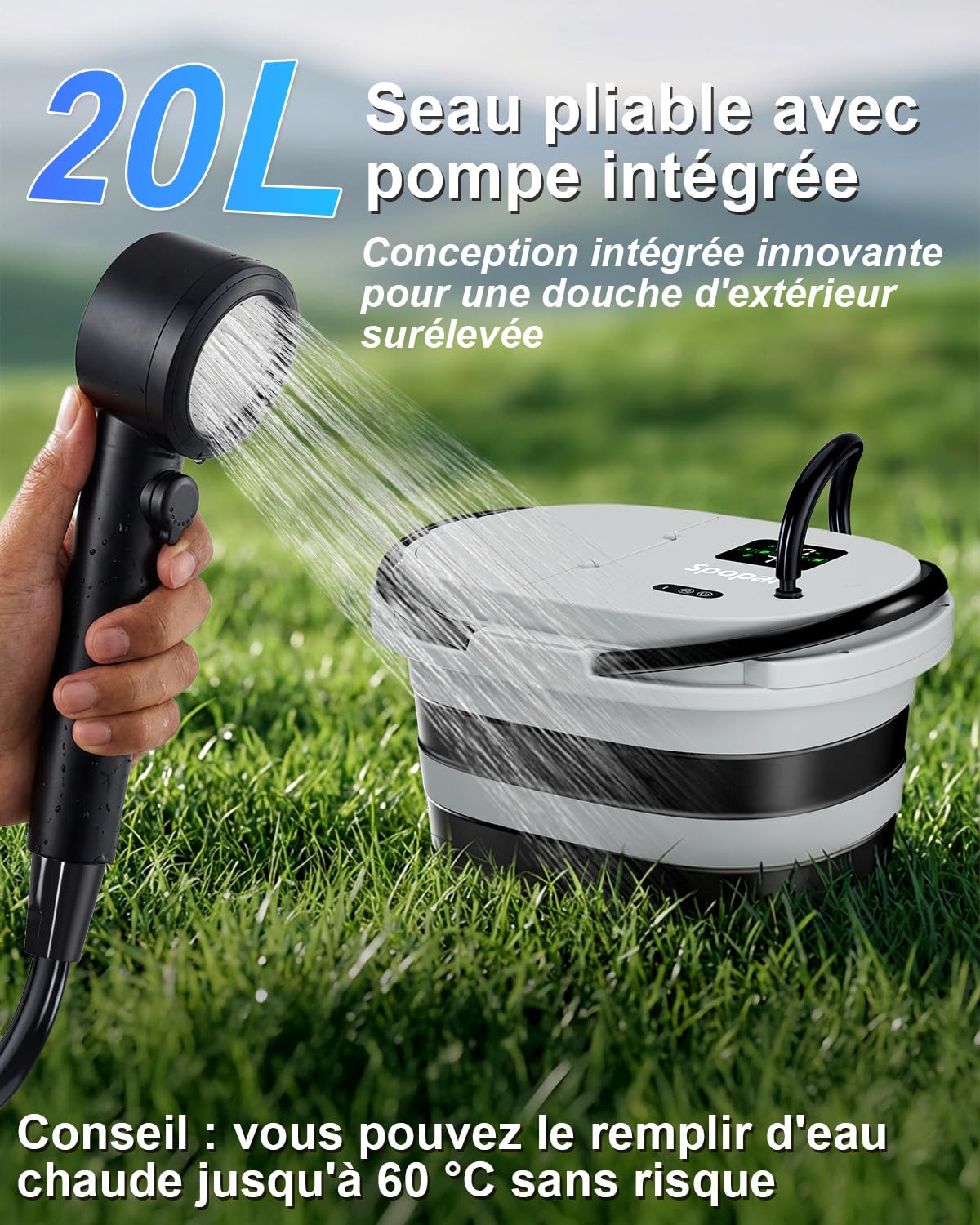 Spopal Douche Portable, [Longue Durée-Unité Intégrée de 20L] Douche Camping,IPX8, Pliable,13000mAh, écran LED,5 Vitesses Réglables, pour Fruits, Bain des Animaux Domestiques,Camping