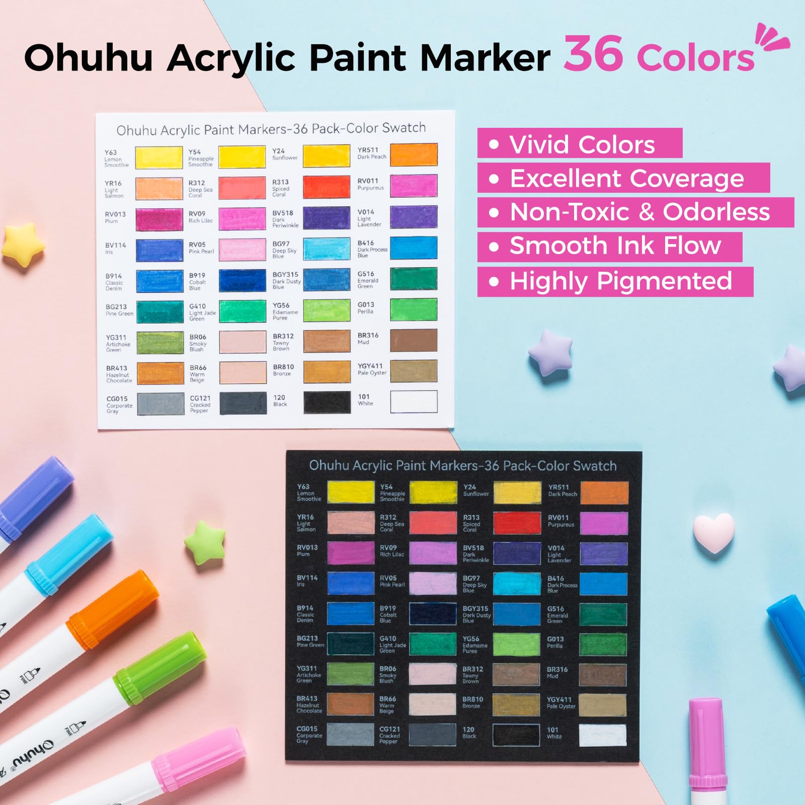 Penne per pittura acrilica, Ohuhu 36 colori con doppia punta (pennello e fine) - impermeabili, resistenti alla luce e ad alta opacità per la pittura rupestre Uova di Pasqua Legno Vetro Ceramica Tela