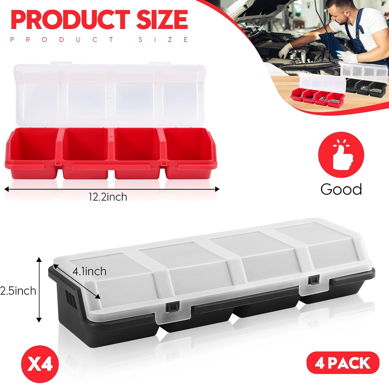 4 Pack Screw Organizer Box with Lids, 4 Compartments Tool Bin Stackable Sorting Screw Toolbox for Garage Nails Hardware Workbench Organizing Storage, Red & Black