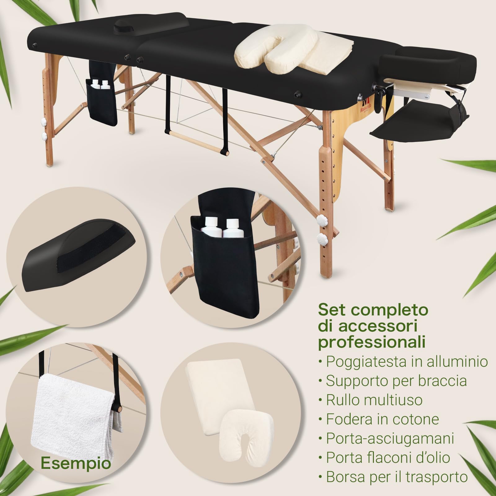 MASSUNDA - Lettino massaggio mobile Comfort Deluxe regolabile in altezza - tavolino massaggio EXTRA largo legno massiccio - panchina con poggiatesta ergonomico, copertura, bracciolo, cuscino (nero)