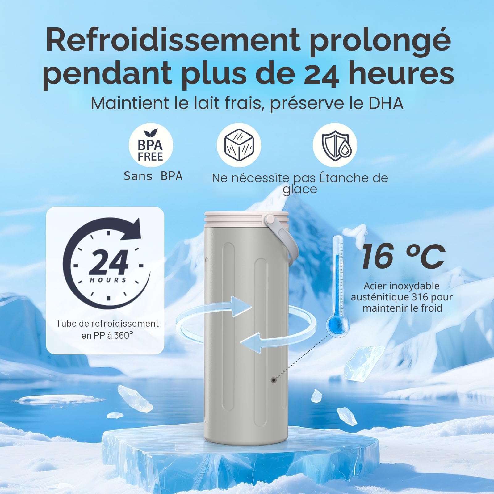 Refroidisseur de lait maternel pour le travail et les voyages, refroidissement à 360° pour garder le lait frais pendant 24 heures, avec 2 biberons pour le stockage du lait maternel, des ustensiles