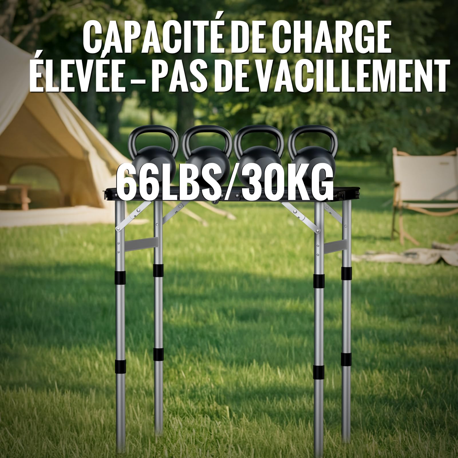 GARLLEN Table de Camping avec Dessus de Table en Plastique Haute densité imperméable, Table de Pique-Nique Portable en Hauteur réglable avec Cadre en Aluminium, Table d'extérieur pour Barbecue | Table Pliante Exterieur à 3 Hauteurs Réglables,Table de Piqu