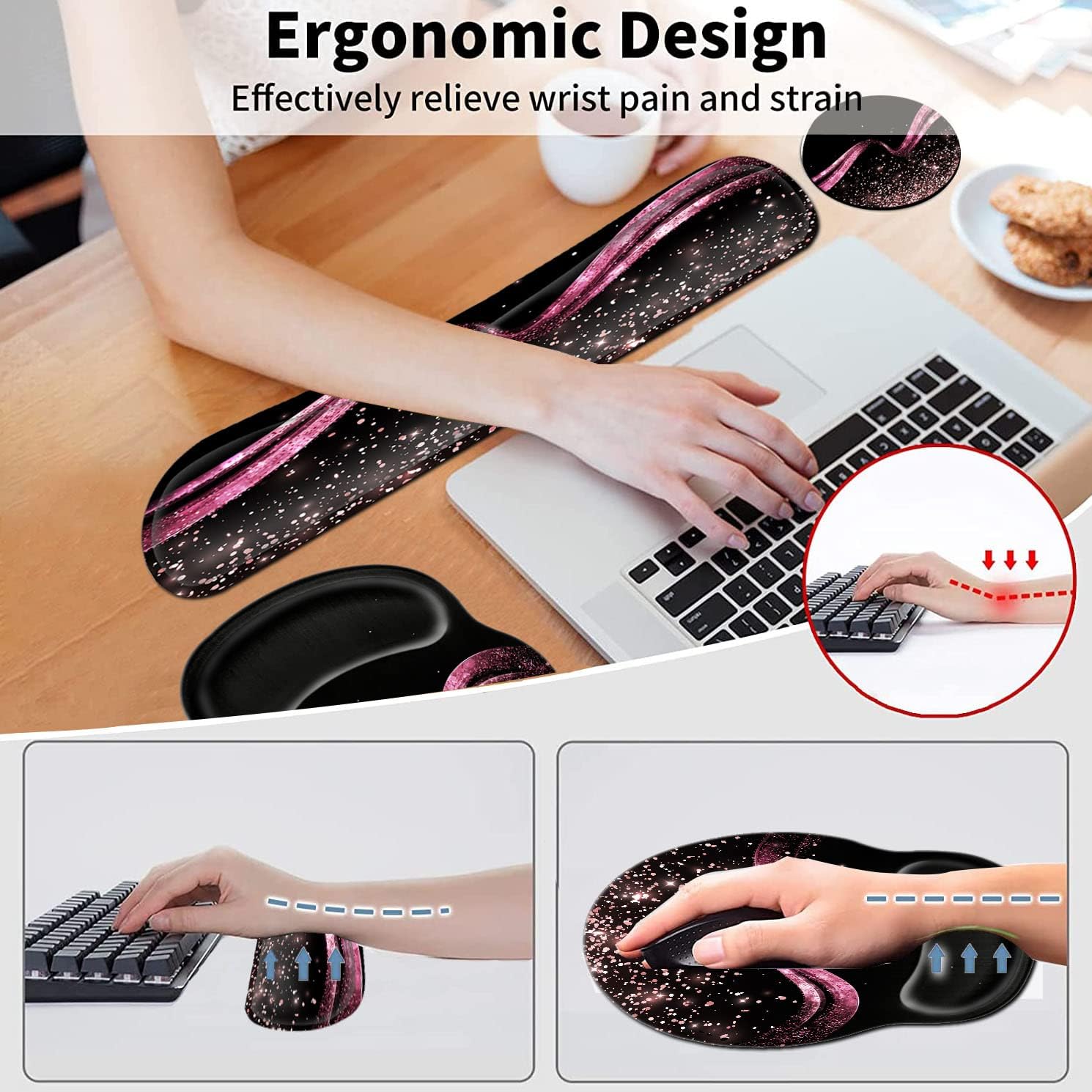 Ergonomic Black Mouse Pads, Non-Slip PU Base Mouse Mat with Gel, Memory Foam Keyboard Wrist Rest Set, for Office, Home, Easy Typing, Wireless Gaming Rose Gold Sparkle Pattern Office Desk Pad