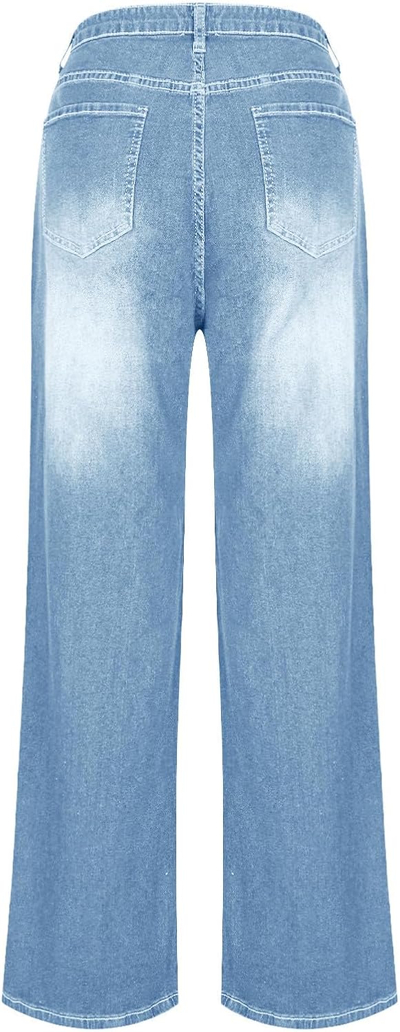 Febteebou Wide Leg Jeans for Women Casual High Waisted Strechy Straight Leg Loose Tummy Control Denim Pants with Pocket