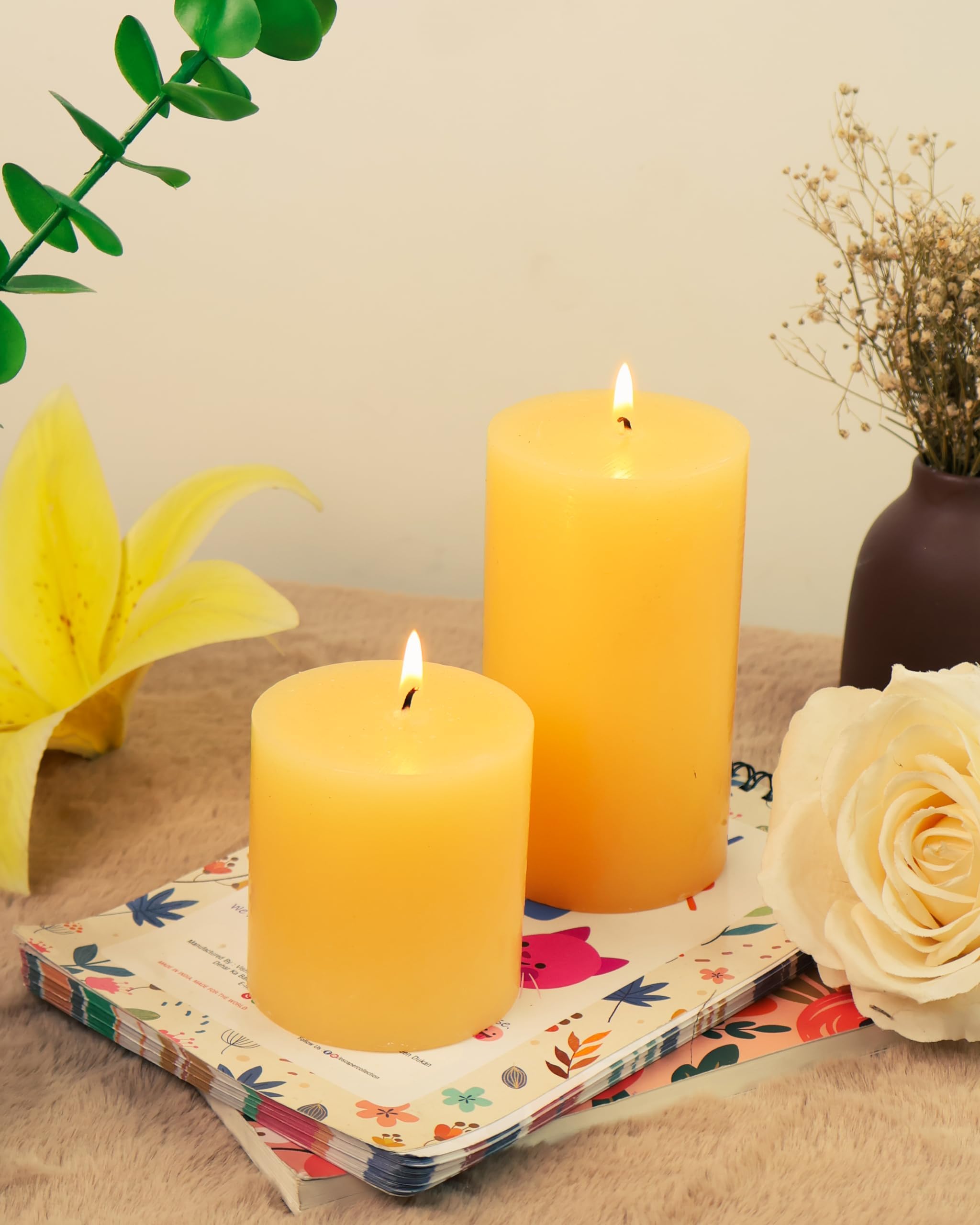 AuraDecor Highly Fragrance Pillar Candle 2.75x3Inch & 2.75x5Inch Set of 2 | Scented Votive Candle | Home Decor Candle | Decoration Candle | Spa Candle (Jasmine, Set of 2)