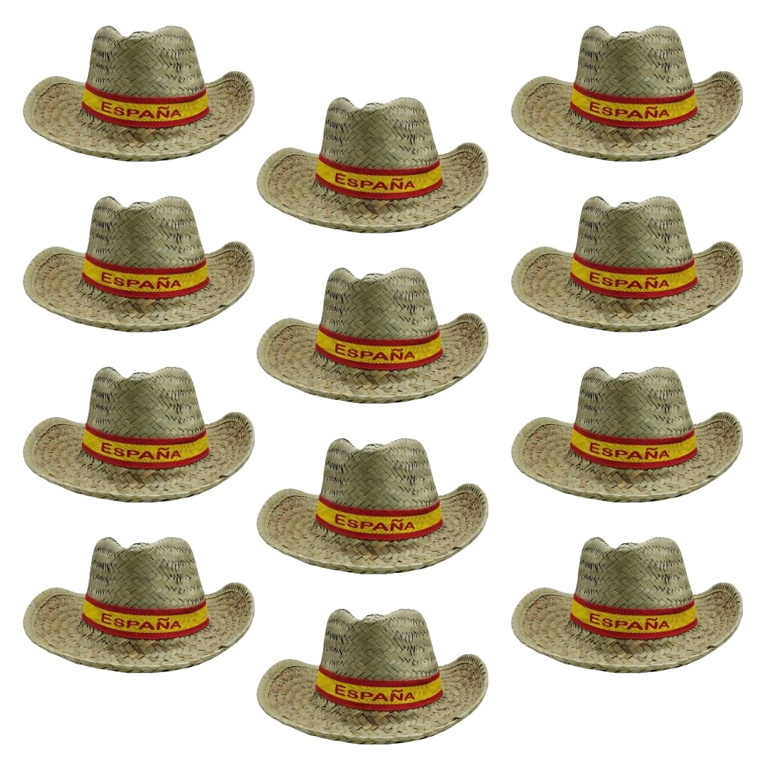 Pack Cappelli di paglia con nastro bandiera Spagna per gruppi: addii, penne, fiere, eventi patriani, capeas o viaggi estivi | Accessorio ideale per gruppi e feste