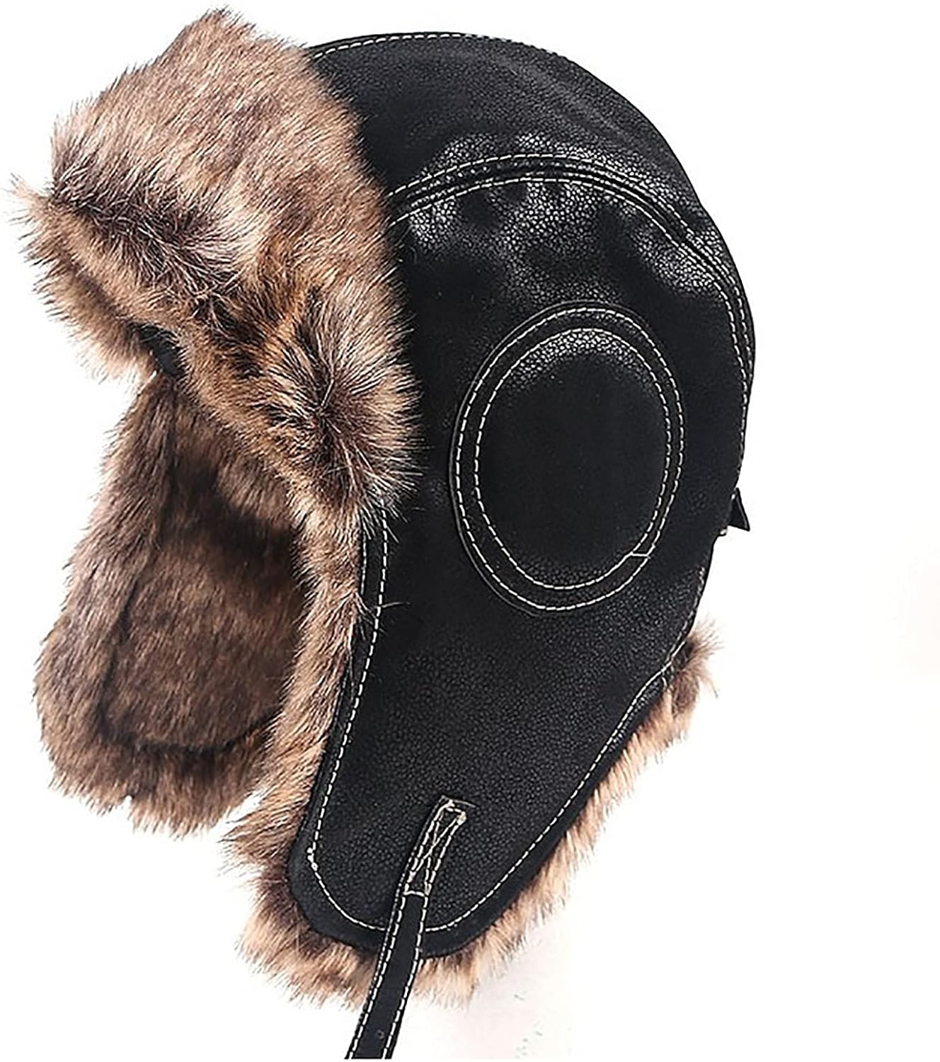Winter Hats,Bomber Hat Mens Trooper Trapper Hat Aviator Hat with Chin Strap, Windproof Bomber Hat for Ski Skating Winter,Black-7 1/4-7 3/8