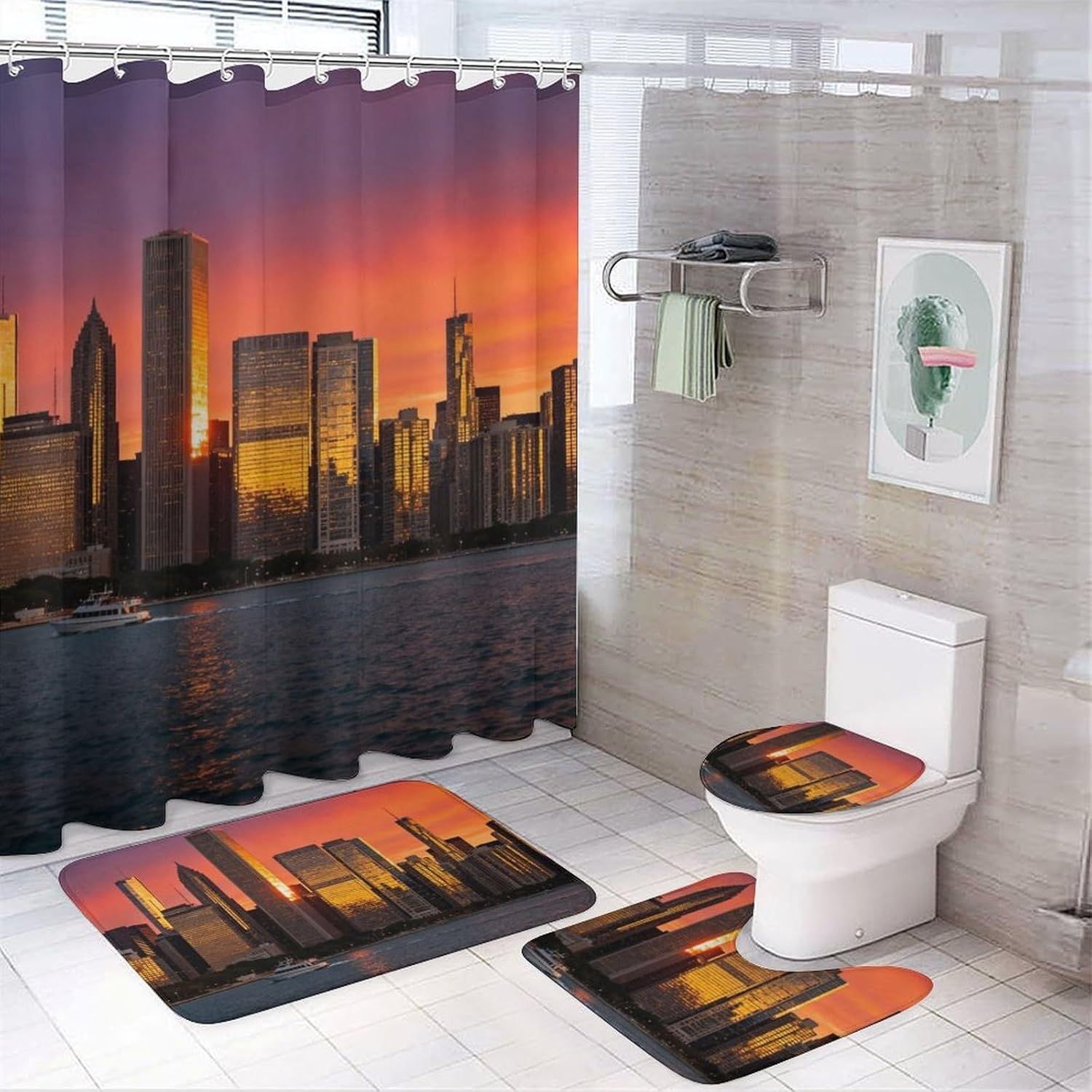 4 Piece Bathroom Rug Set with Shower Curtain, Non-Slip Bath Mat Toilet Cover Set, Skyline Bathroom Rug Sets