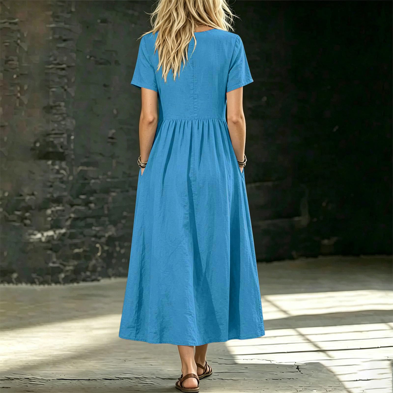 Vestito Estivo Donna Elegante Abiti Casual da Donna alla Moda 2026, Abito Estivo a Maniche Corte, Lunghezza al Ginocchio, con Tasche, Ideale per i Viaggi. Vestito da Spiaggia