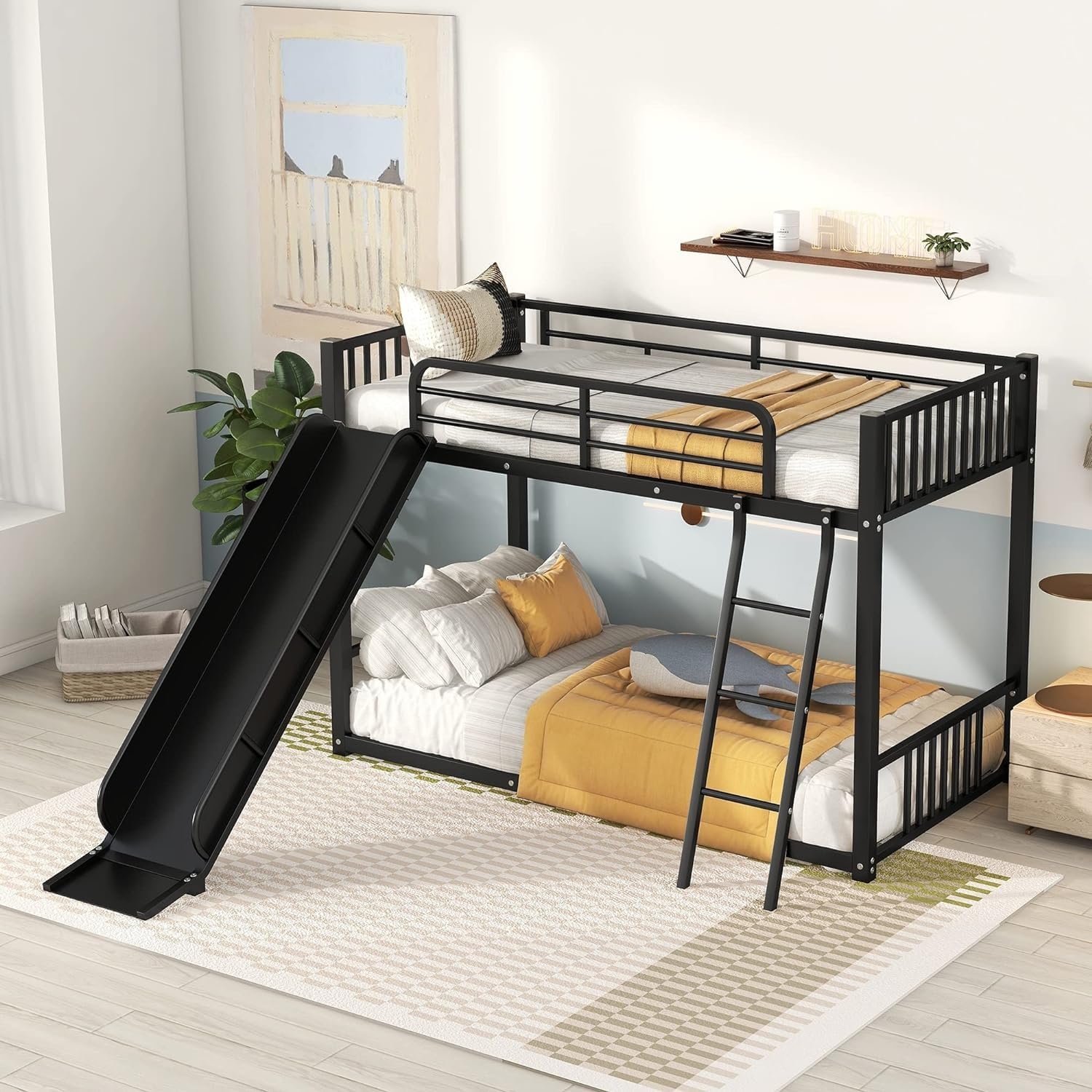 GOLD BIRD Metal Bunk Beds Twin Over Twin with Slide for Kids, Heavy Duty  Twin Bunk Beds with Ladder for Girls Boys, No Box Spring Required,Black