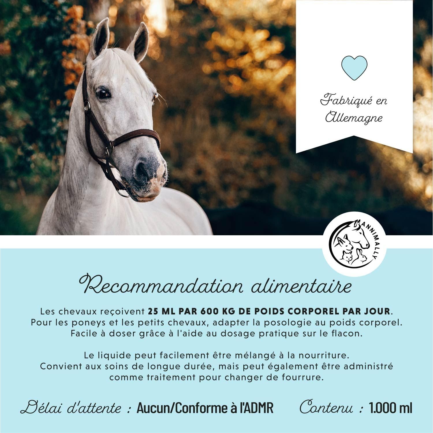 Cheval Biotine Zinc Liquide 1000 ML - Soin Peau Poils Sabots Chevaux - Biotine Zinc MSM Liquide Pelage Sain