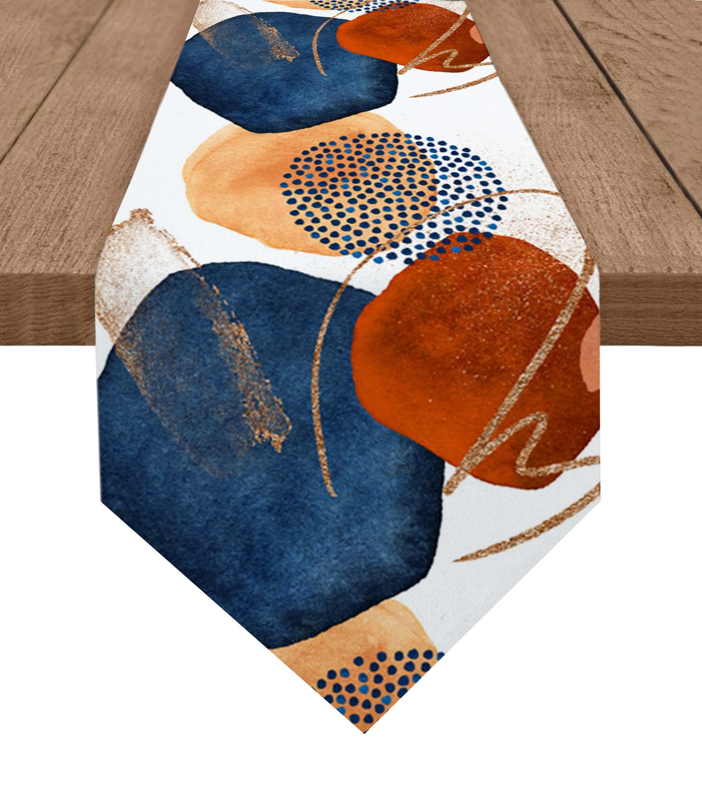 Cotton Linen Table Runner,Medieval Navy Blue Red Abstract Geometric Dresser Scarf Table Scarves Decor Morandi Modern Minimalist Art Dining Table Runners for Wedding Holiday Party 13x108in