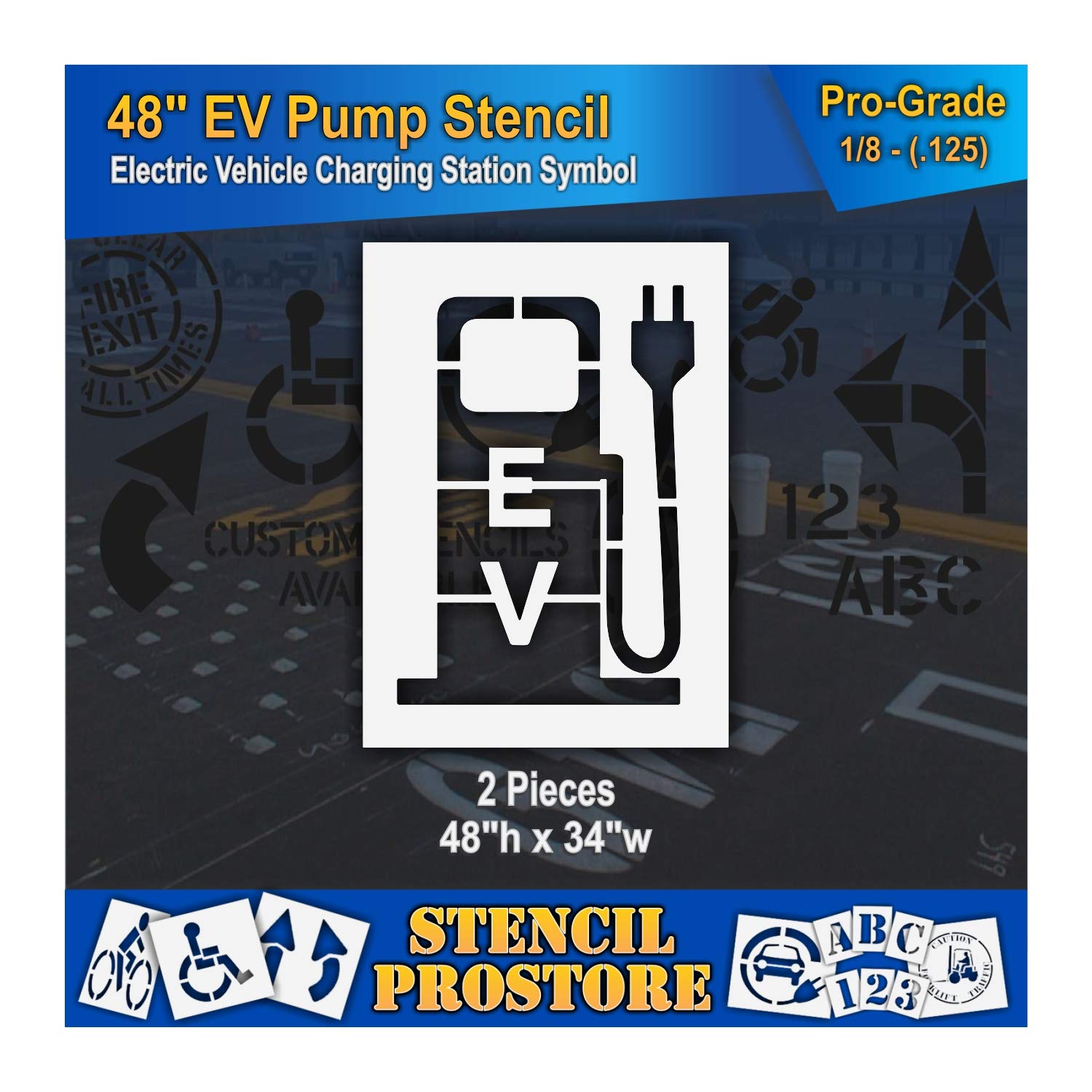 Pavement Stencils - 48 in - Electric Pump Stencil with Plug and EV Letters - 48'' x 34'' x 1/16" (63 mil) - Light-Duty